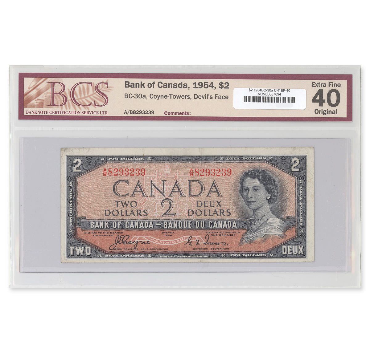 $2 1954 Devil's Face Series BC-30a Coyne-Towers Prefix A/B BCS EF-40