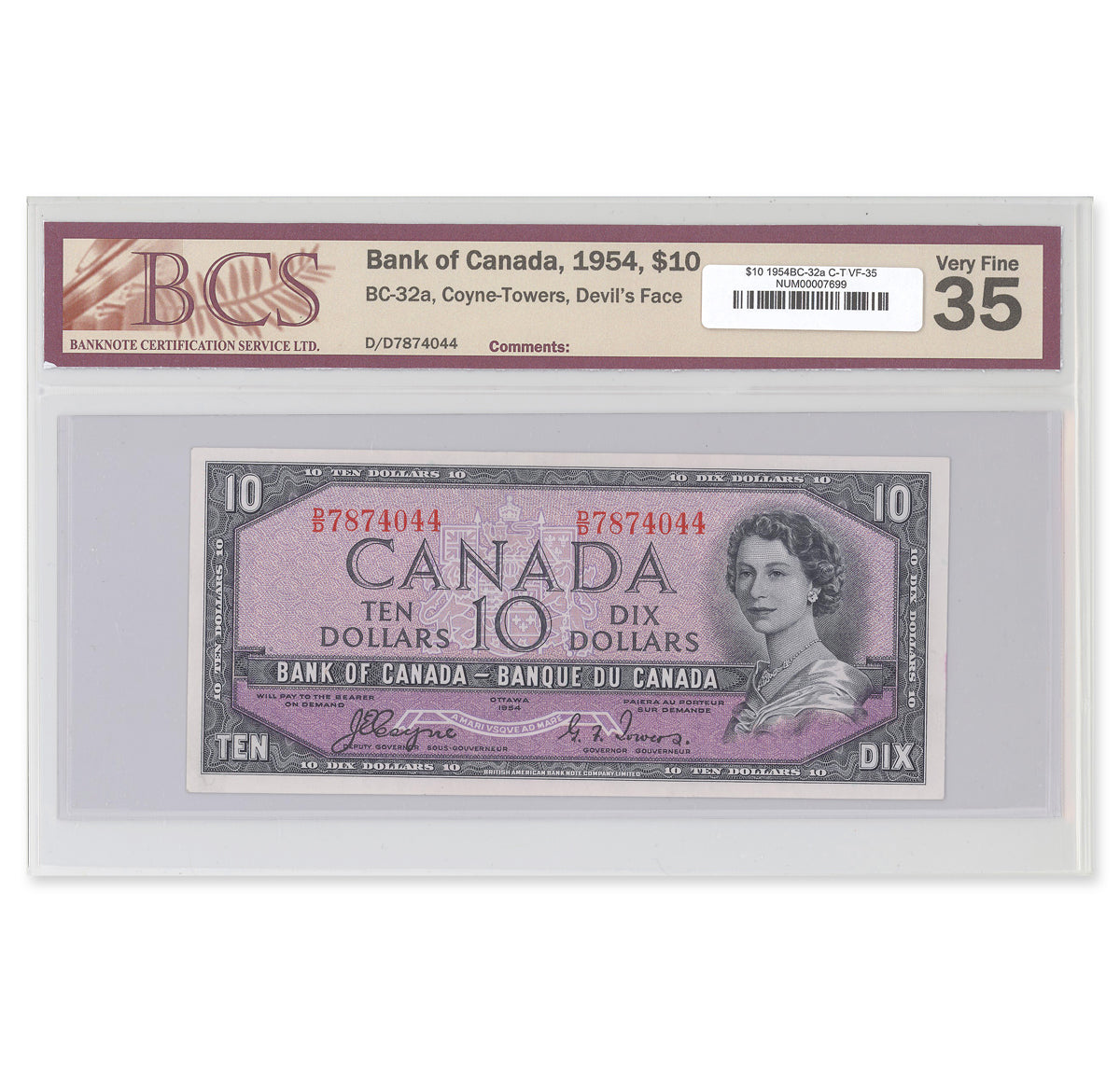 $10 1954 Devil's Face Series BC-32a Coyne-Towers Prefix D/D BCS VF-35