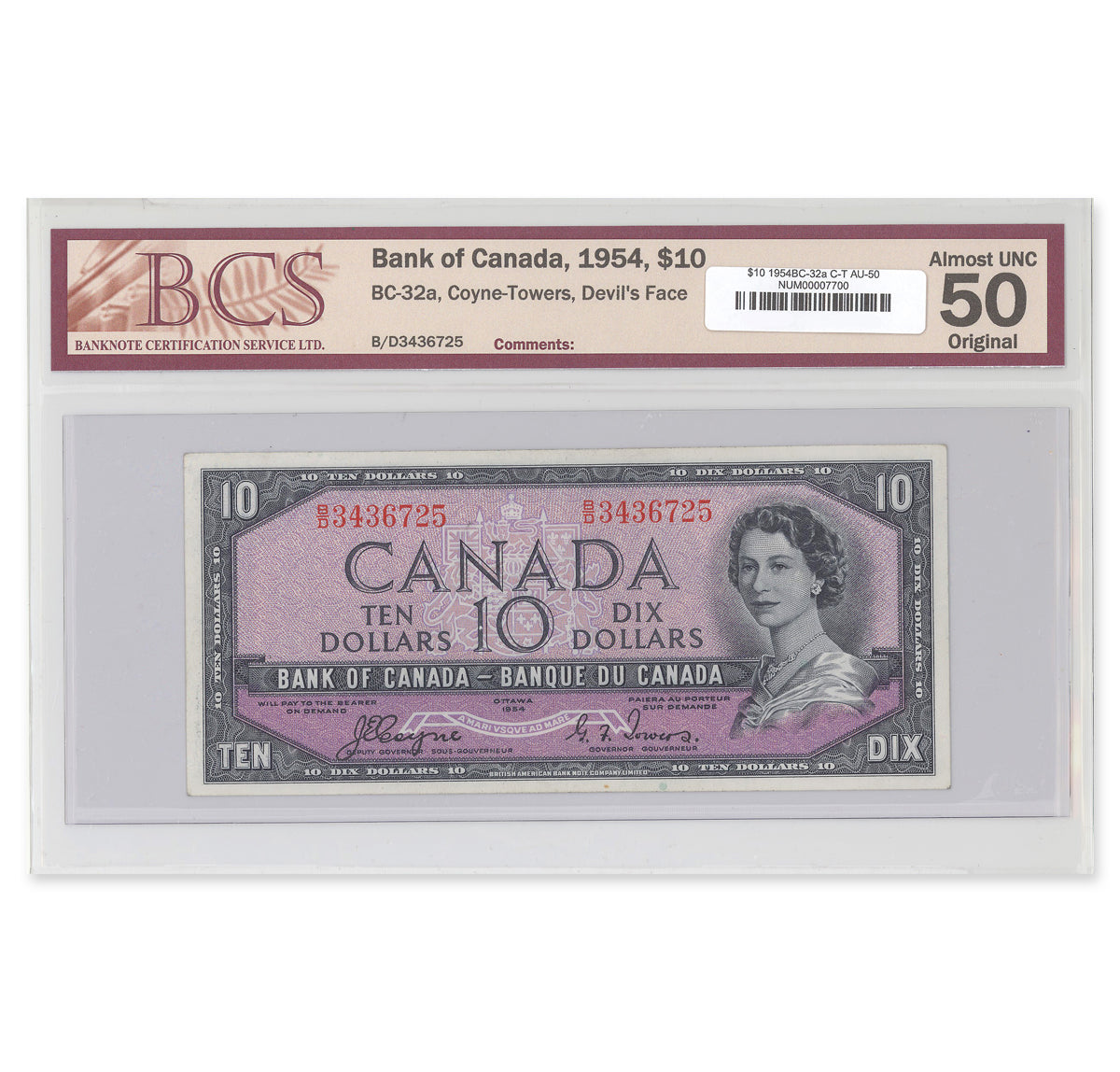 $10 1954 Devil's Face Series BC-32a Coyne-Towers Prefix B/D BCS AU-50
