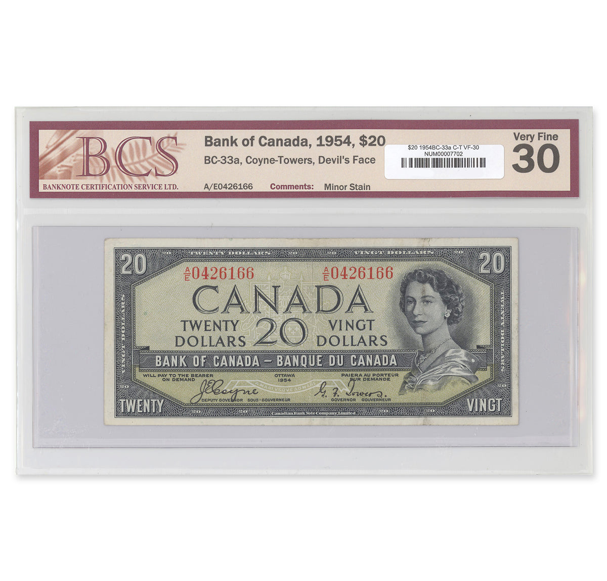 $20 1954 Devil's Face Series BC-33a Coyne-Towers Prefix A/E BCS VF-30