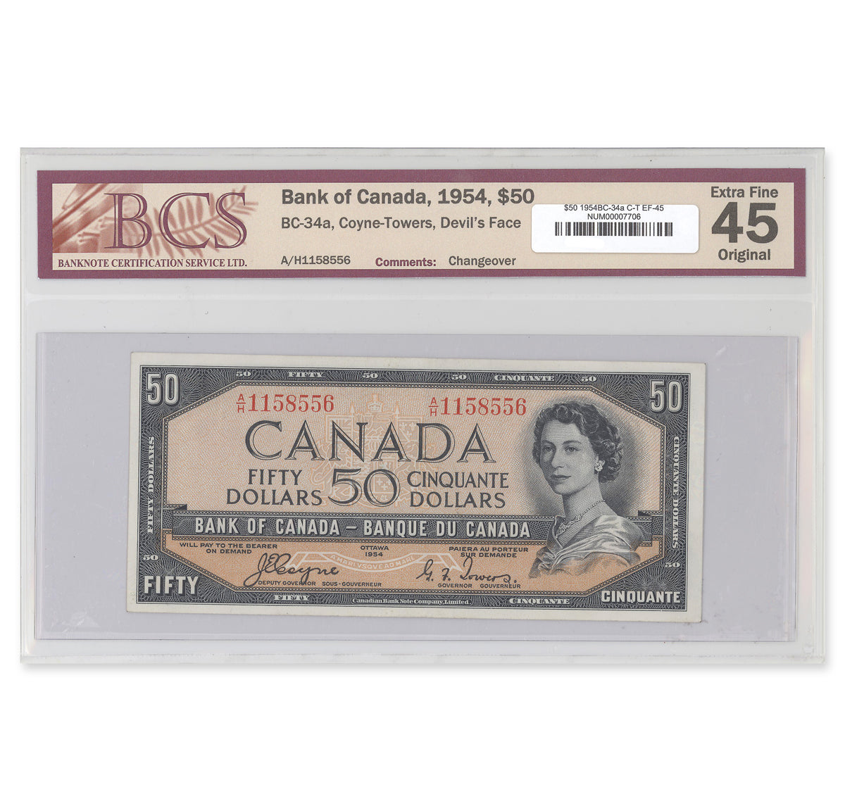 $50 1954 Devil's Face Series BC-34a Coyne-Towers Prefix A/H BCS EF-45