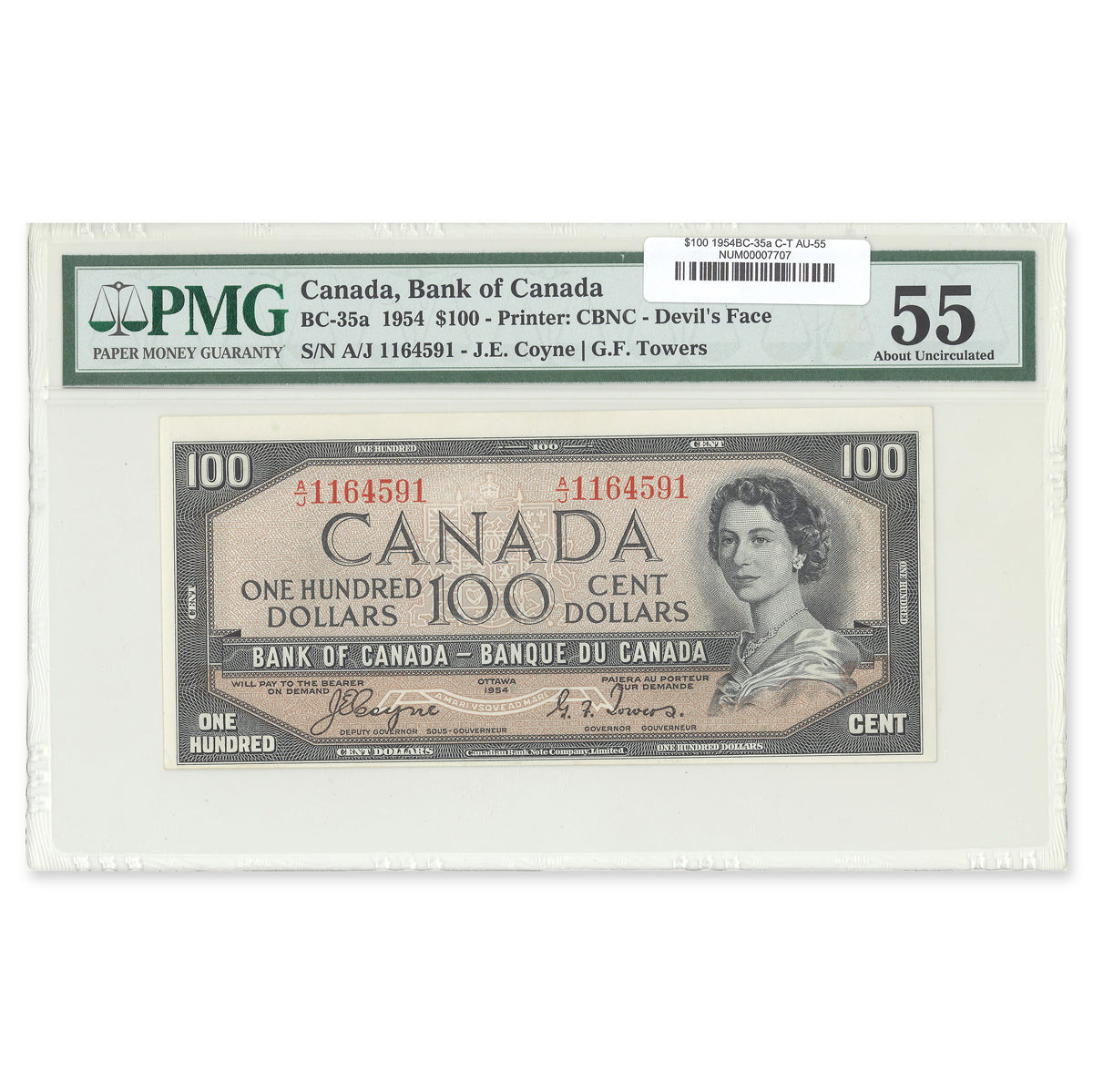 $100 1954 Devil's Face Series BC-35a Coyne-Towers Prefix A/J PMG AU-55