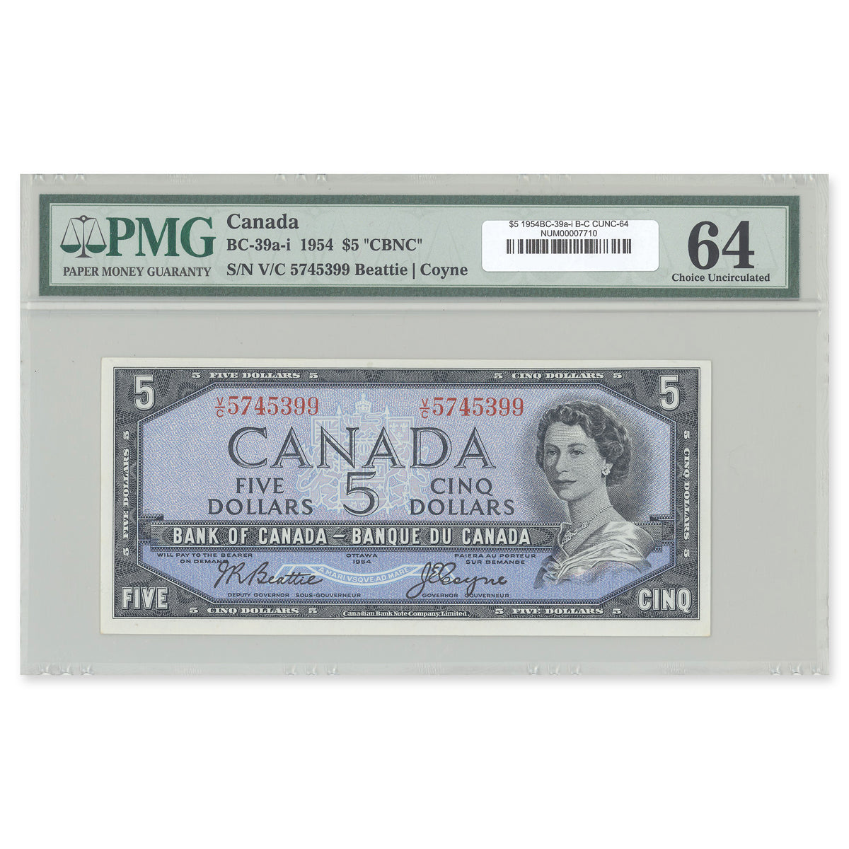 $5 1954 Modified Series BC-39a-i Beattie-Coyne Prefix V/C PMG CUNC-64