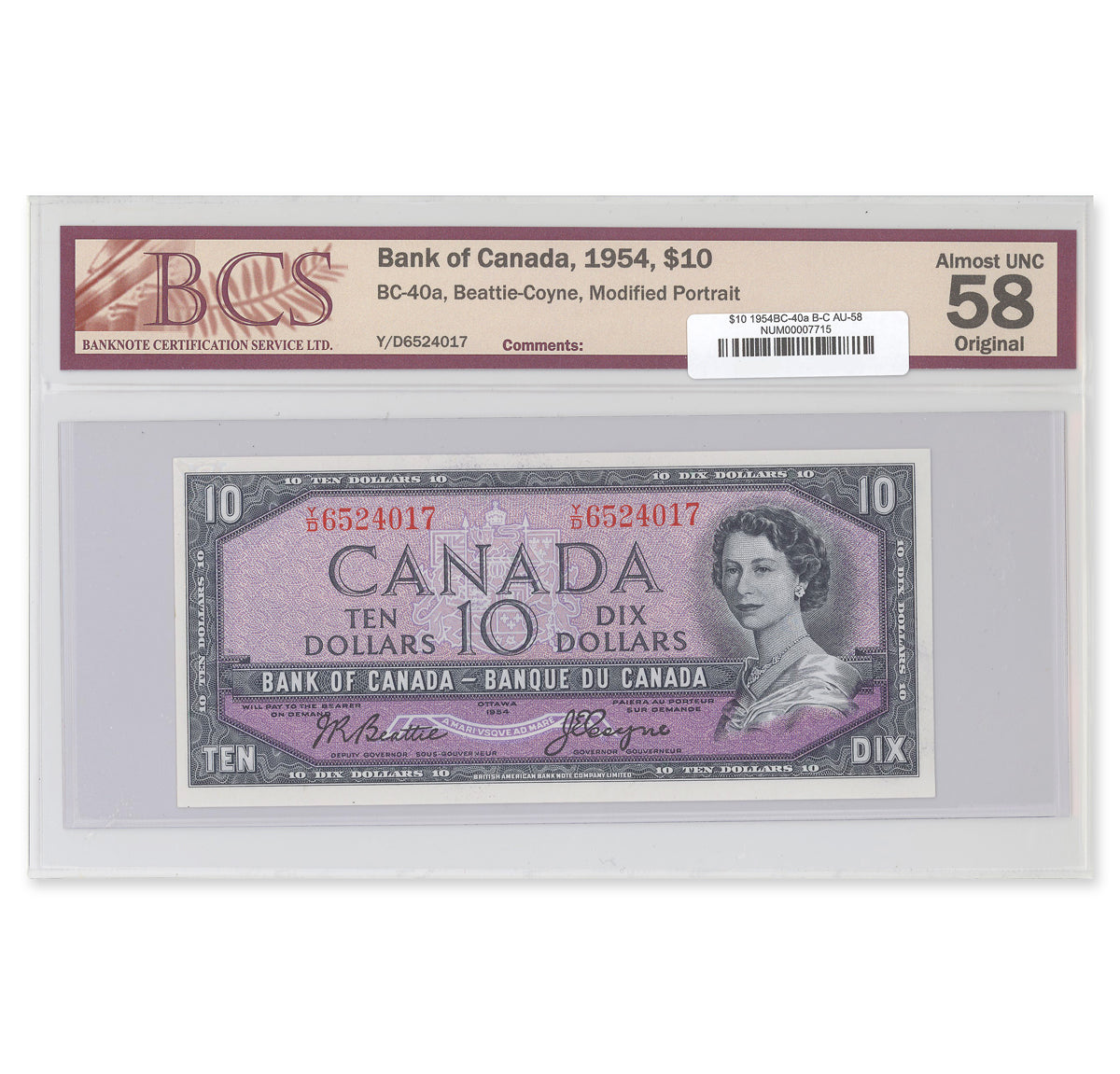 $10 1954 Modified Series BC-40a Beattie-Coyne Prefix Y/D BCS AU-58