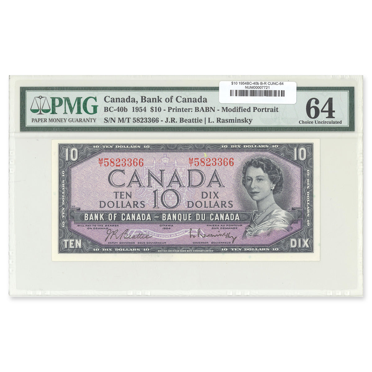 $10 1954 Modified Series BC-40b Beattie-Rasminsky Prefix M/T PMG CUNC-64