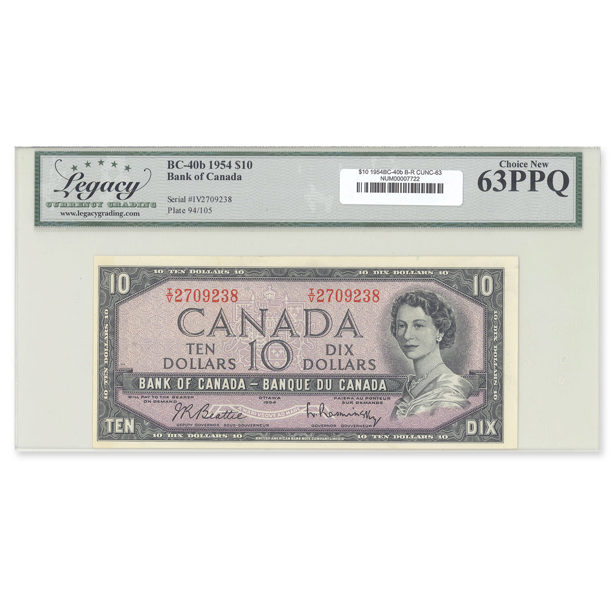 $10 1954 Modified Series BC-40b Beattie-Rasminsky Prefix I/V Legacy CUNC-63