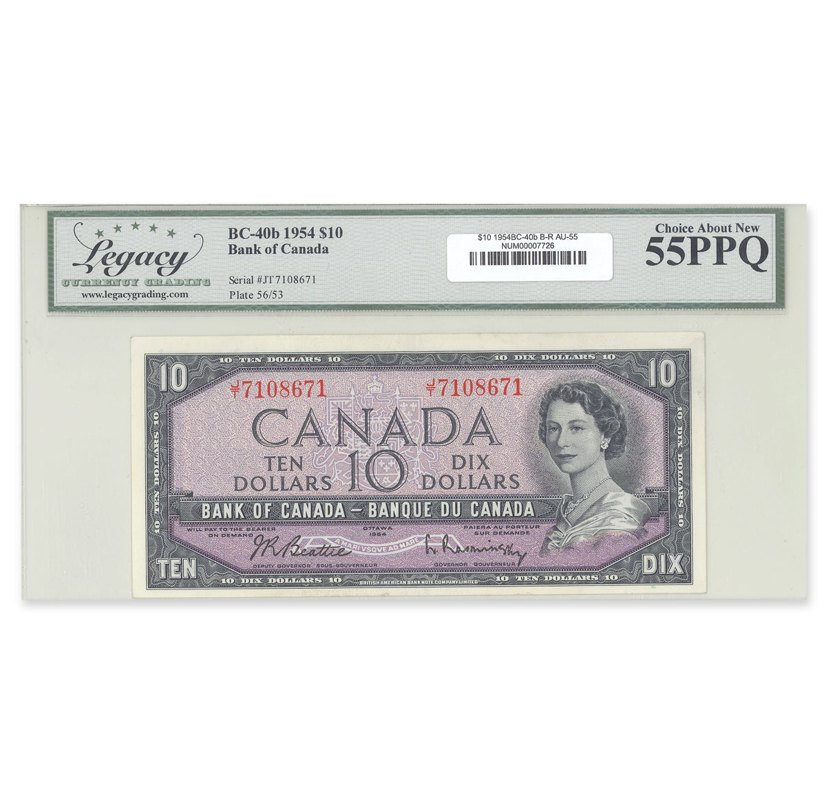 $10 1954 Modified Series BC-40b Beattie-Rasminsky Prefix J/T Legacy AU-55