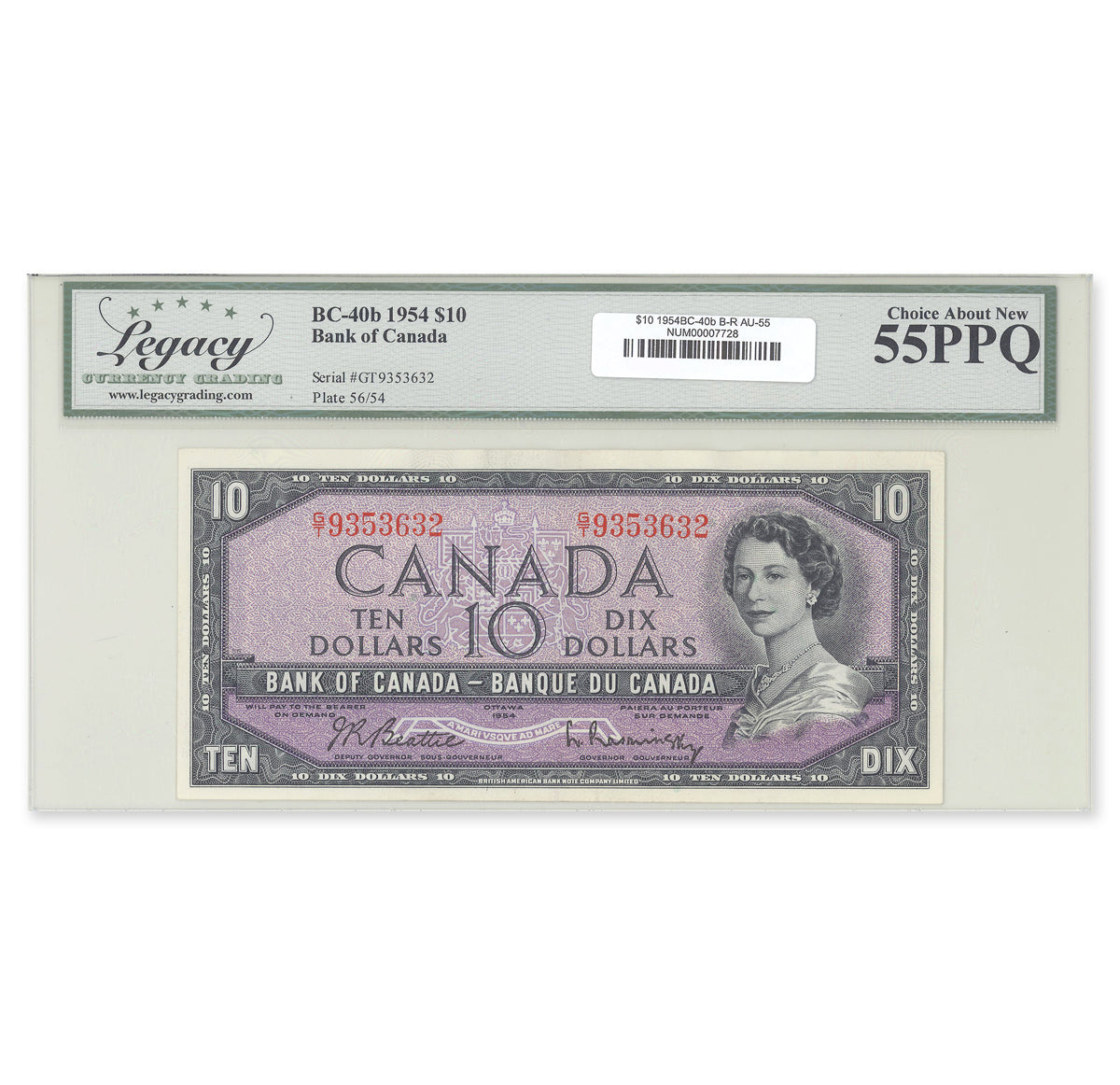 $10 1954 Modified Series BC-40b Beattie-Rasminsky Prefix G/T Legacy AU-55