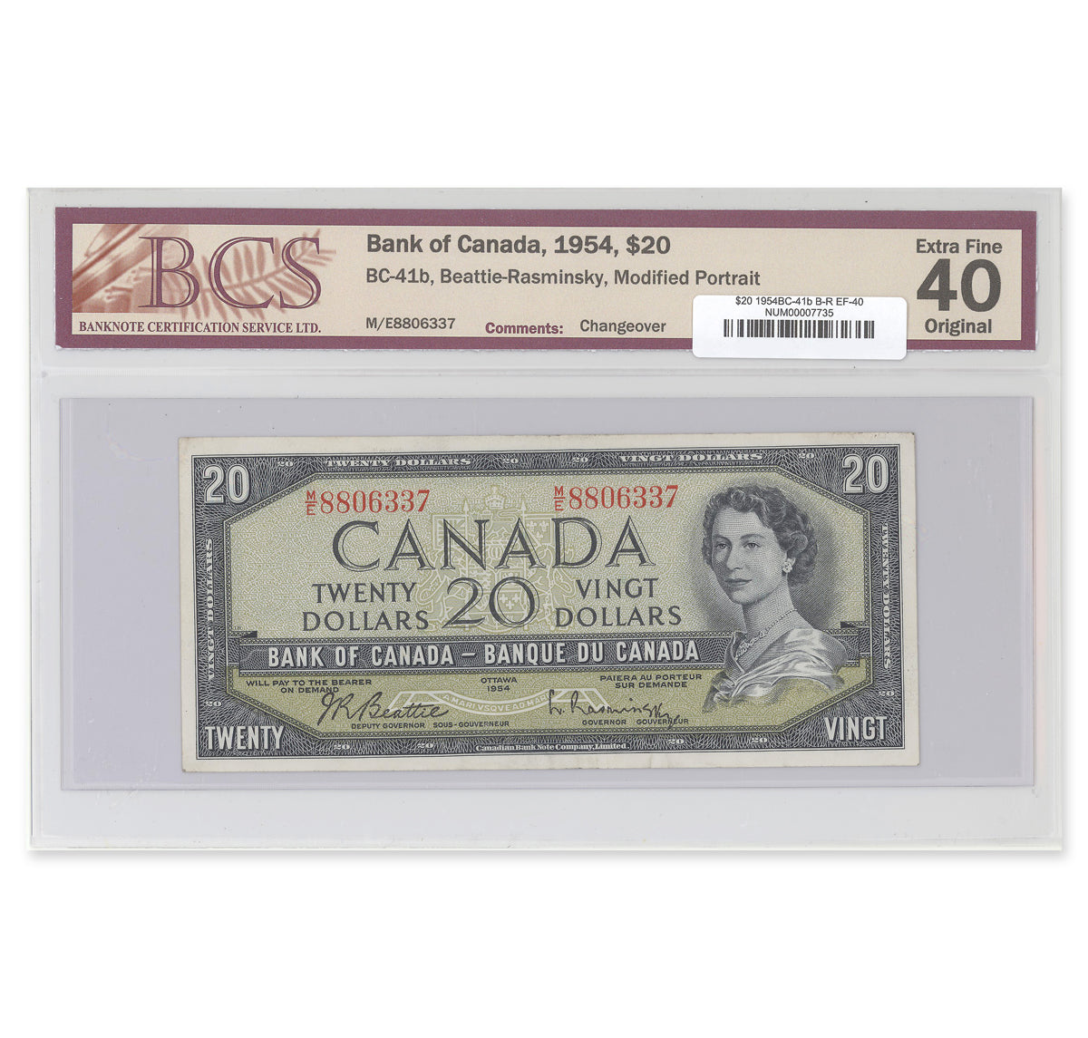 $20 1954 Modified Series BC-41b Beattie-Rasminsky Prefix M/E BCS EF-40