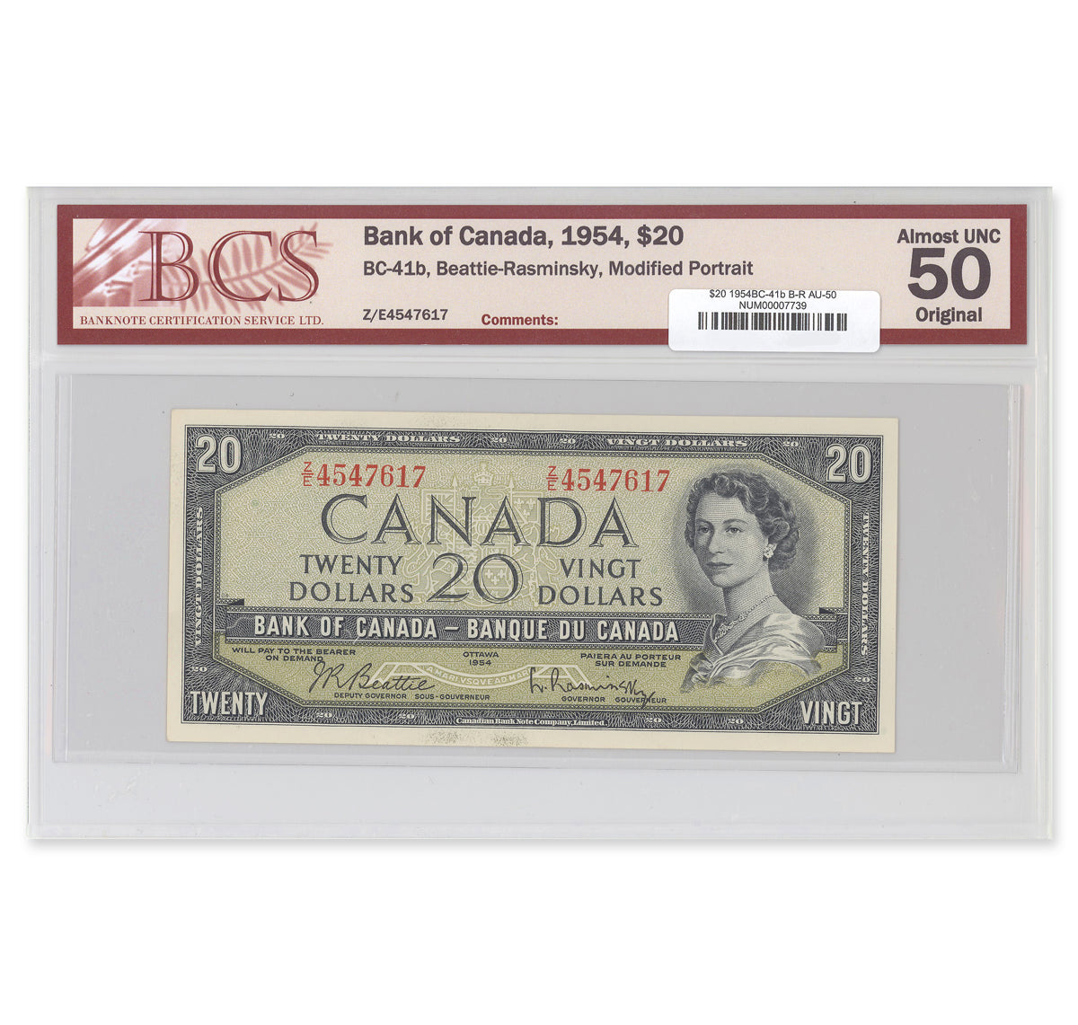 $20 1954 Modified Series BC-41b Beattie-Rasminsky Prefix Z/E BCS AU-50