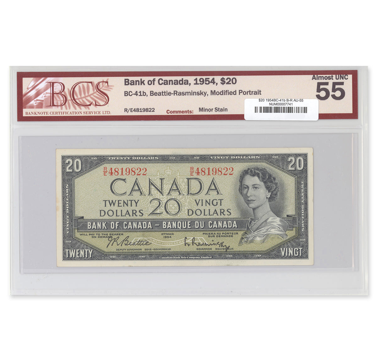 $20 1954 Modified Series BC-41b Beattie-Rasminsky Prefix R/E BCS AU-55