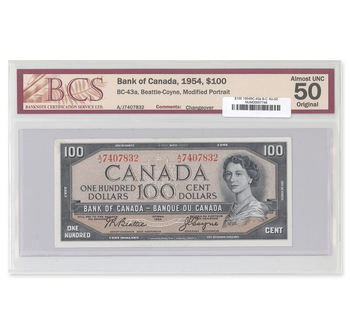 $100 1954 Modified Series BC-43a Beattie-Coyne Prefix A/J BCS AU-50