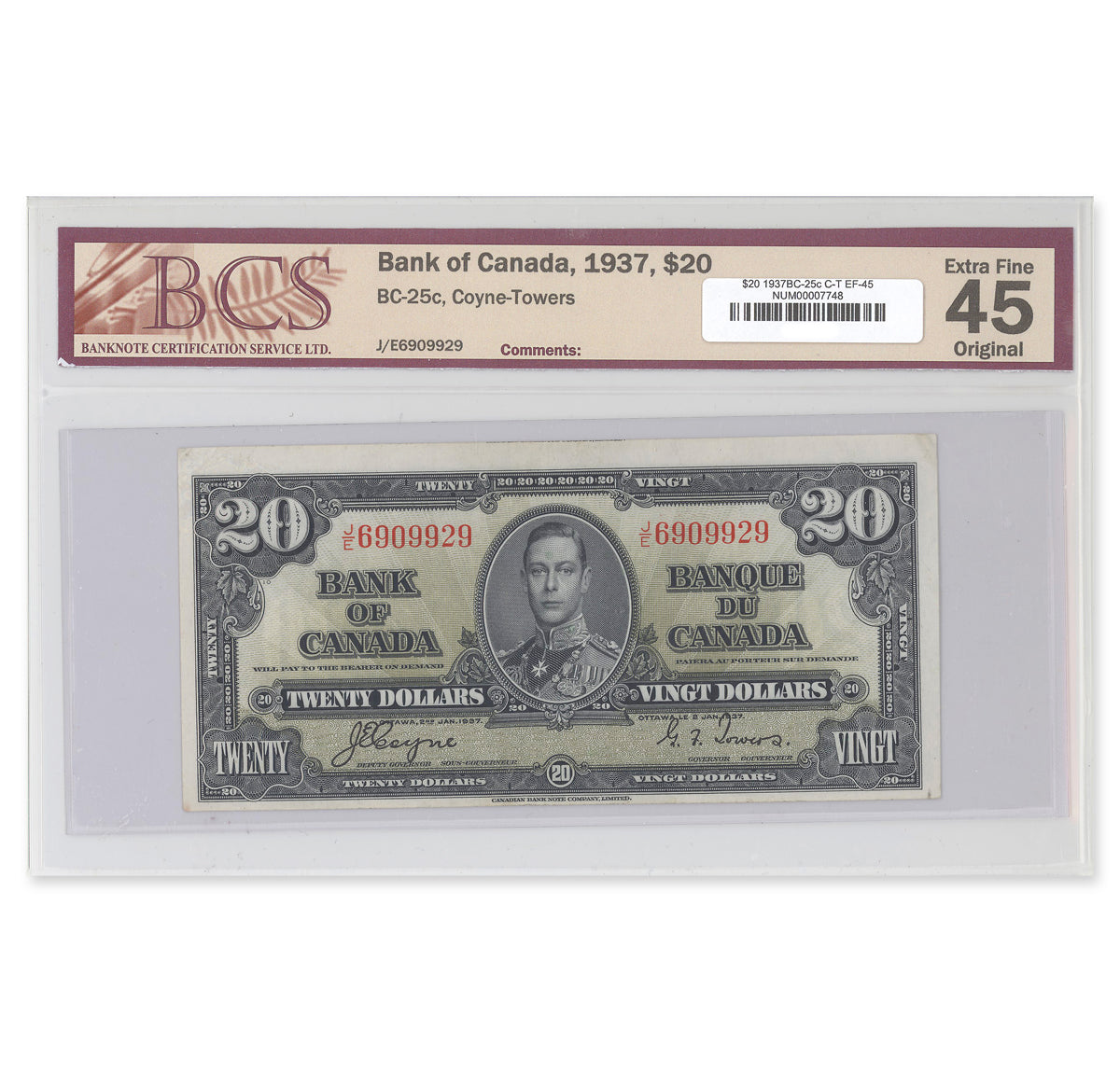 $20 1937 BC-25c Coyne-Towers Prefix J/E BCS EF-45