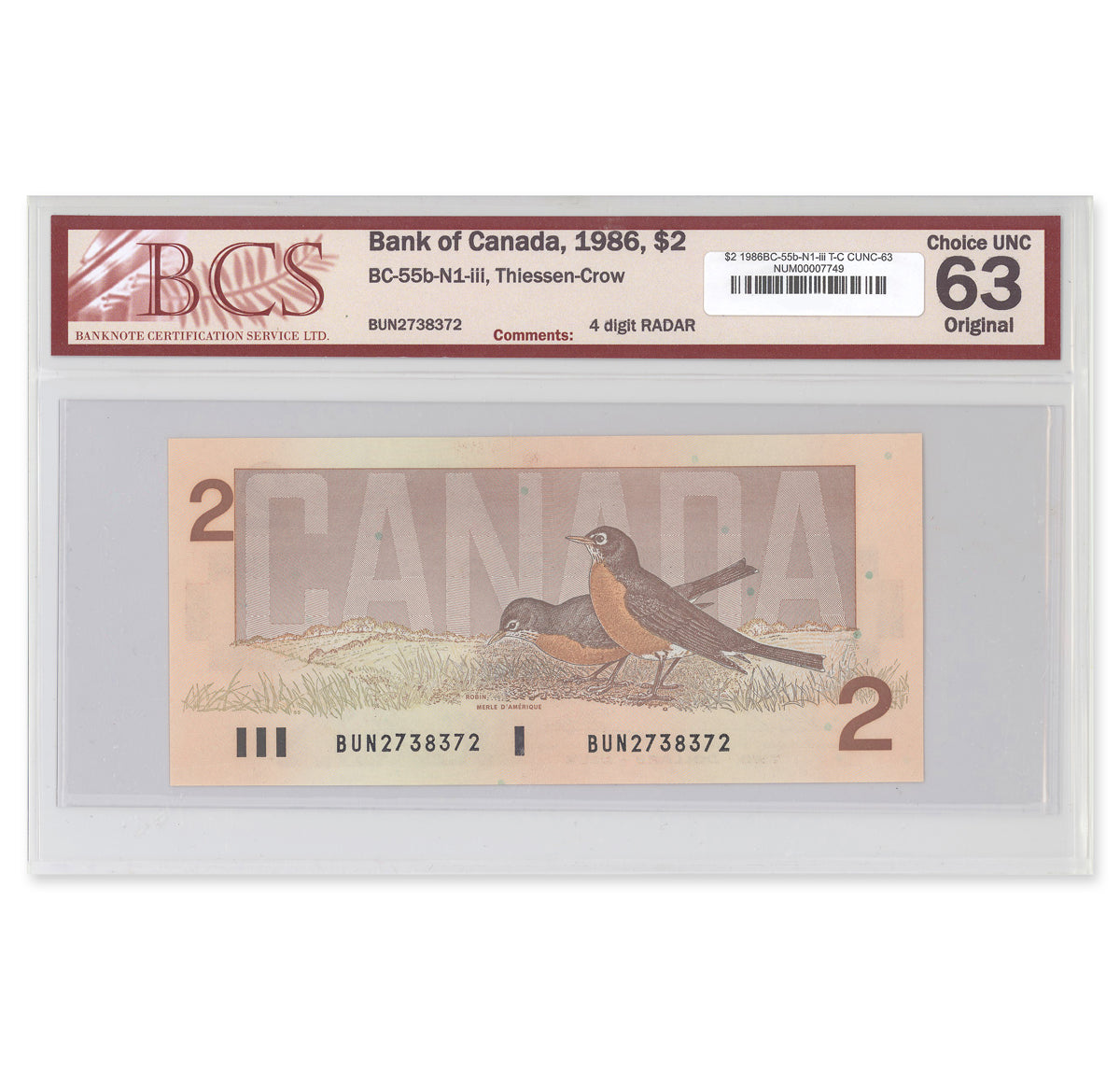 $2 1986 BC-55b-N1-iii Thiessen-Crow Prefix BUN BCS CUNC-63
