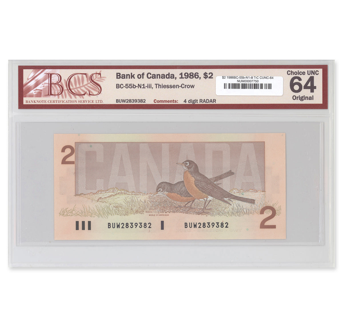 $2 1986 BC-55b-N1-iii Thiessen-Crow Prefix BUW BCS CUNC-64