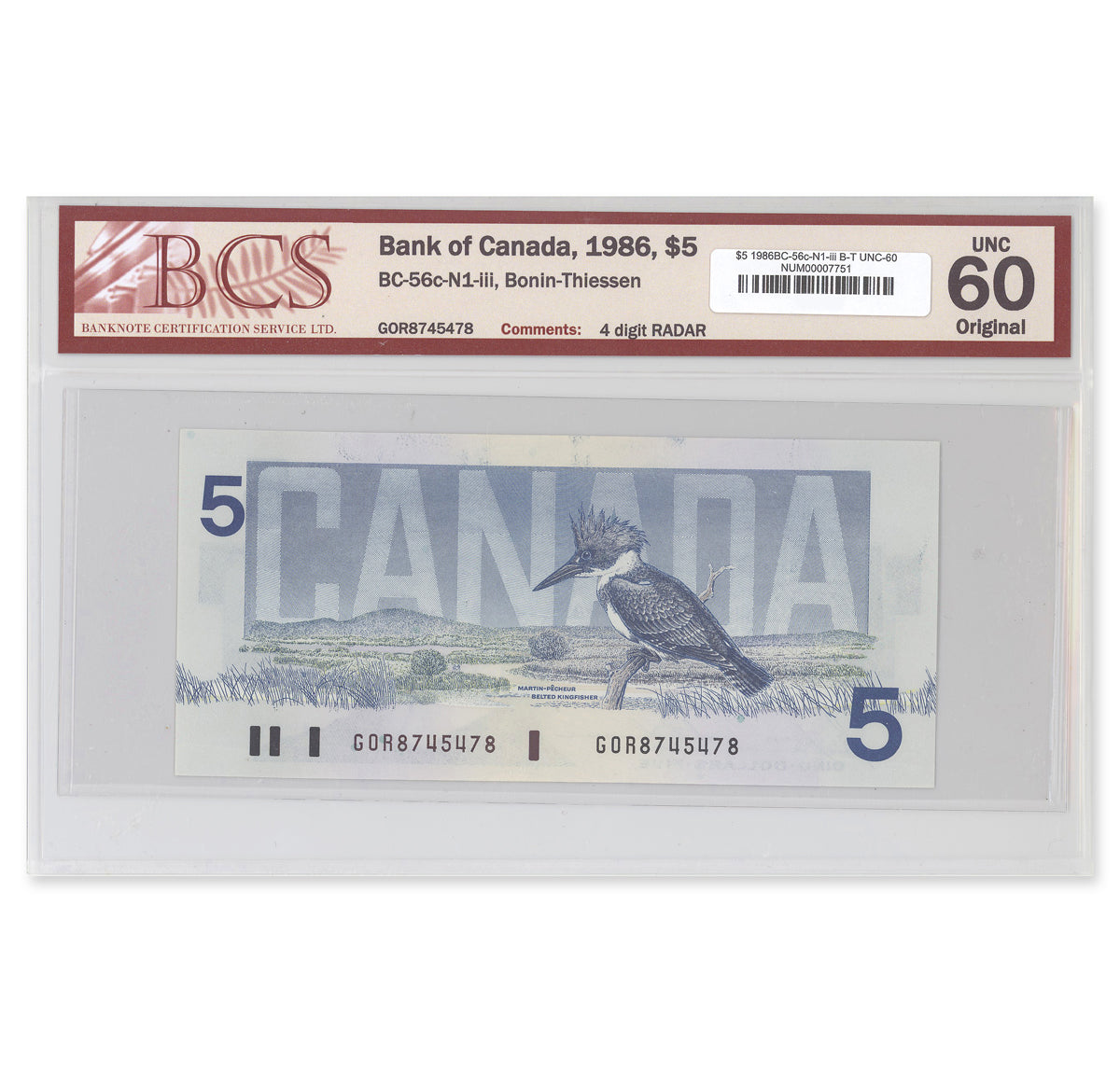 $5 1986 BC-56c-N1-iii Bonin-Thiessen Prefix GOR BCS UNC-60