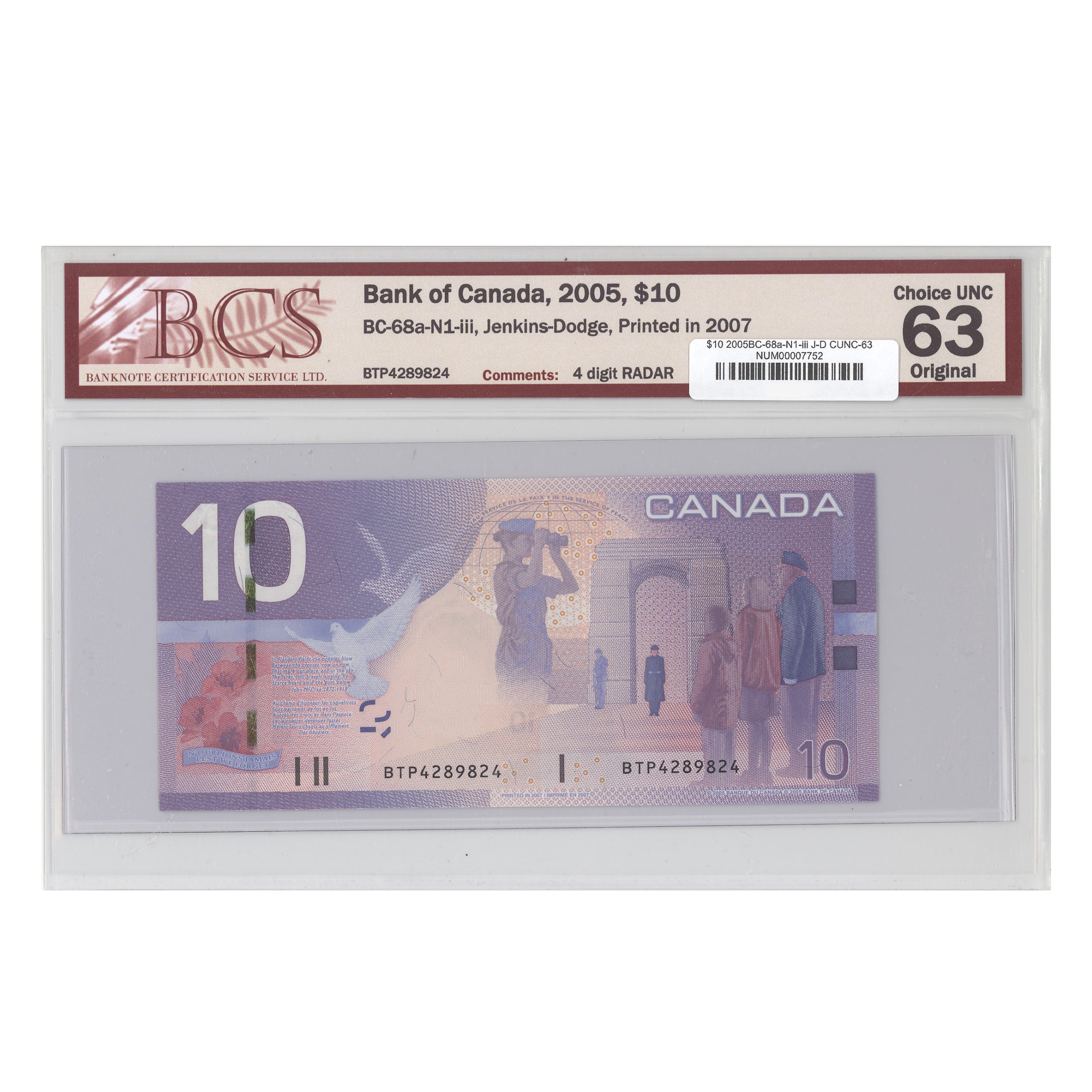 $10 2005 BC-68a-N1-iii Jenkins-Dodge Prefix BTP BCS CUNC-63