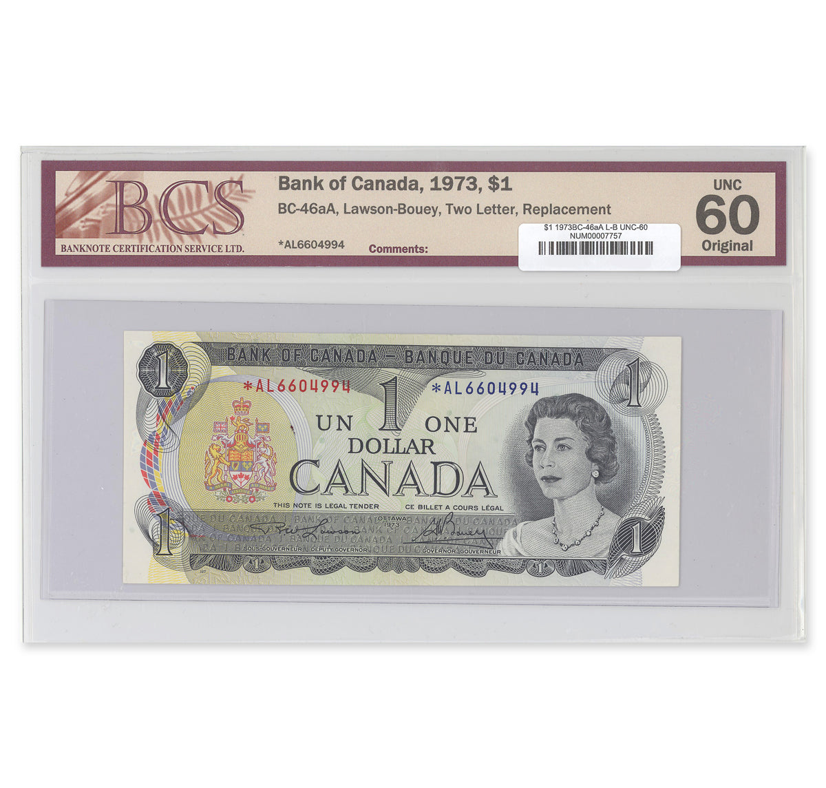 $1 1973 BC-46aA Lawson-Bouey Prefix *AL BCS UNC-60