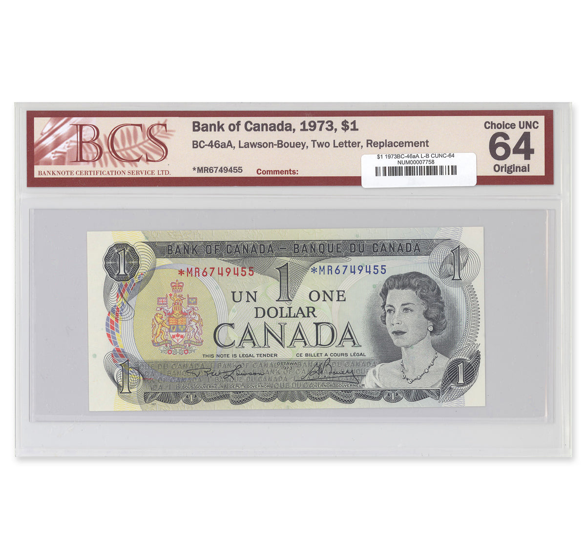 $1 1973 BC-46aA Lawson-Bouey Prefix *MR BCS CUNC-64