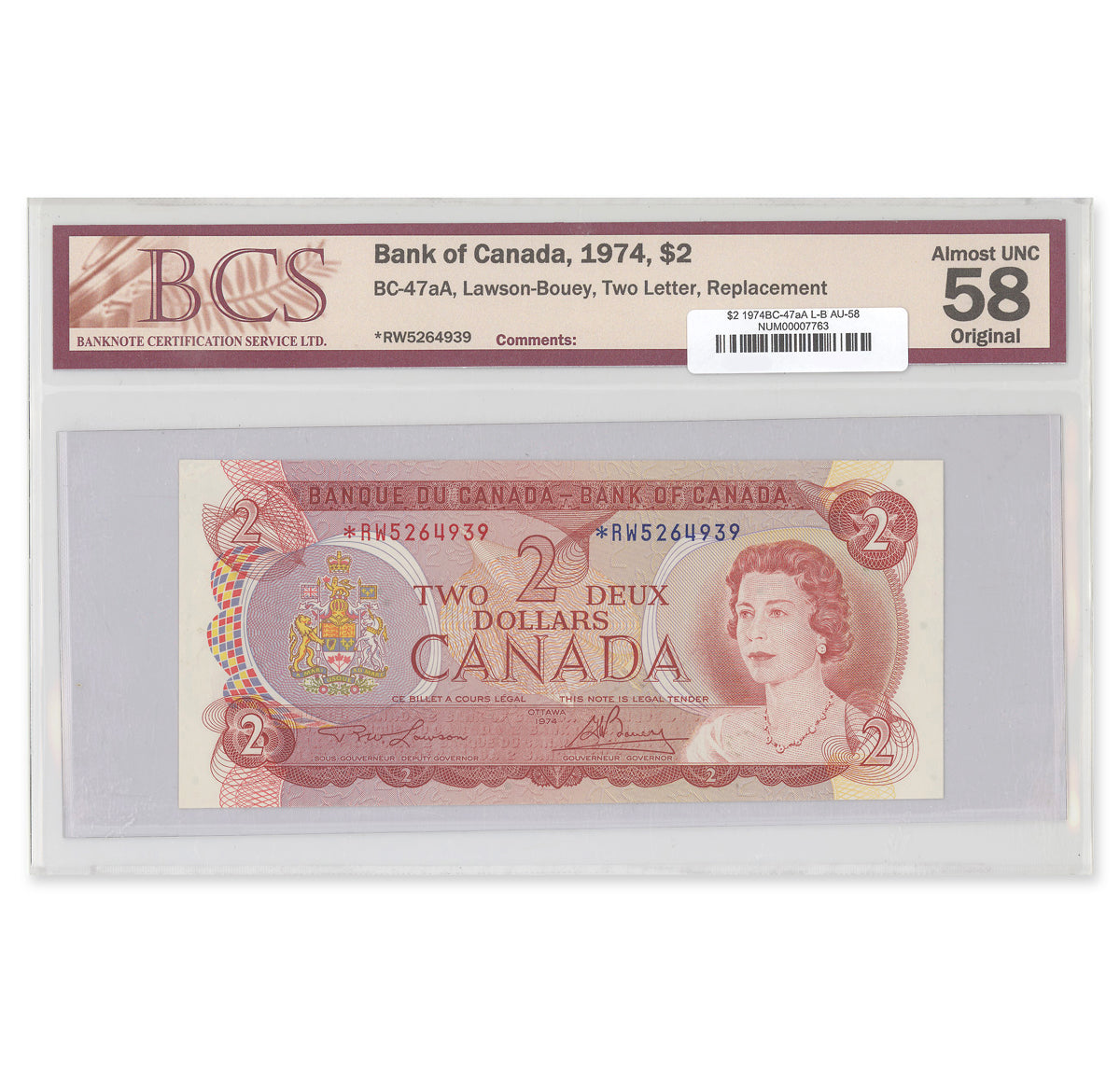 $2 1974 BC-47aA Lawson-Bouey Prefix *RW BCS AU-58