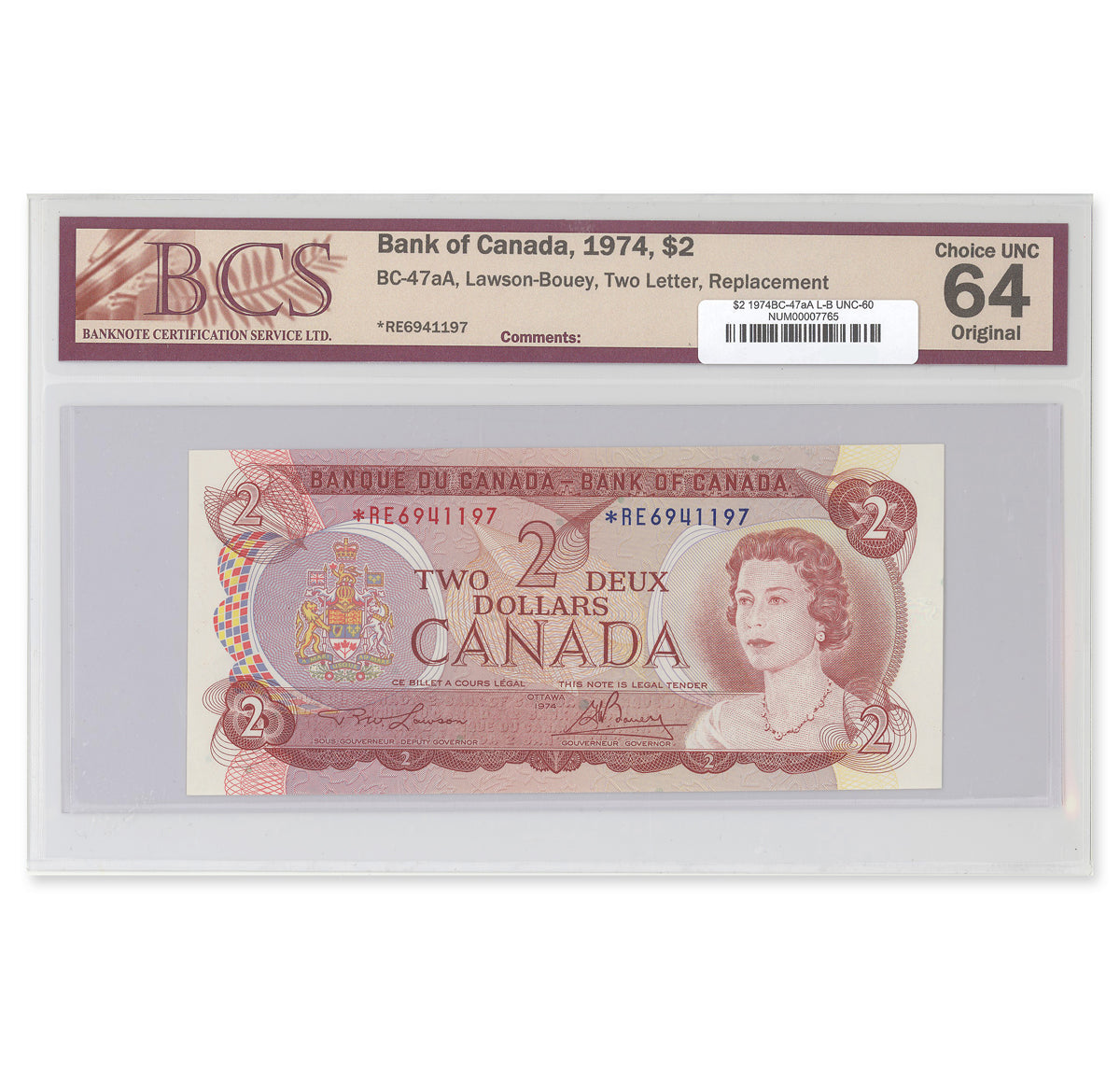 $2 1974 BC-47aA Lawson-Bouey Prefix *RE BCS UNC-60