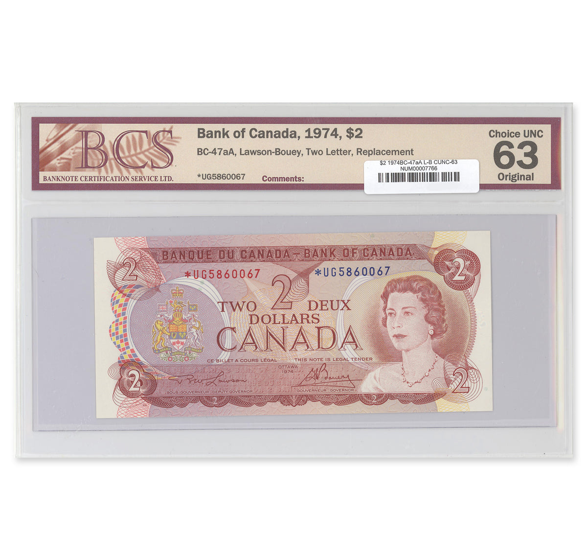 $2 1974 BC-47aA Lawson-Bouey Prefix *UG BCS CUNC-63