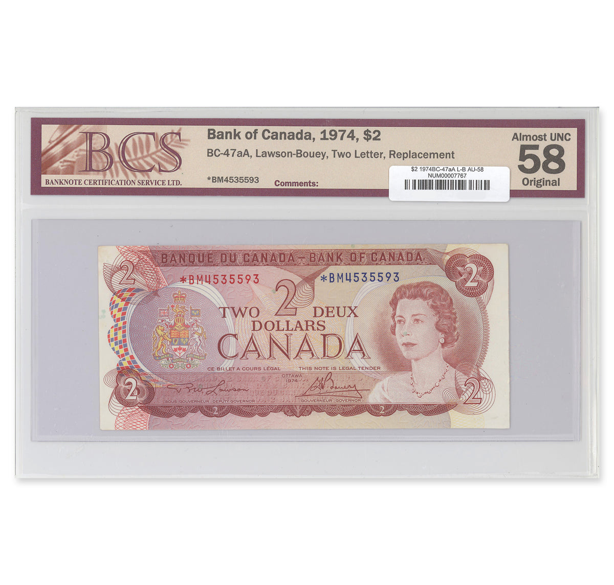 $2 1974 BC-47aA Lawson-Bouey Prefix *BM BCS AU-58