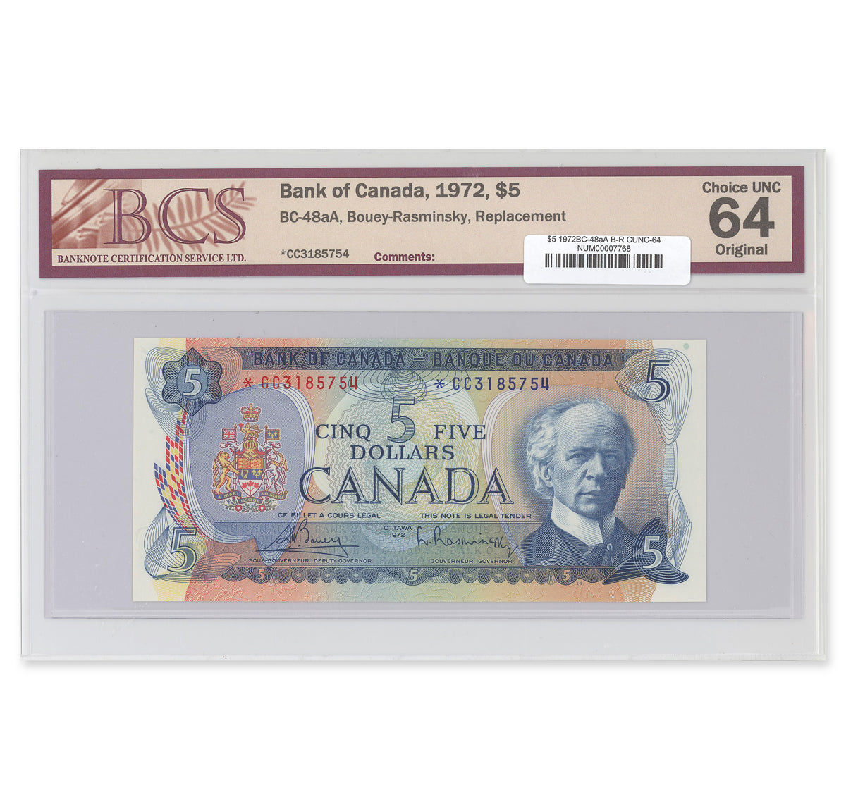 $5 1972 BC-48aA Bouey-Rasminsky Prefix *CC BCS CUNC-64