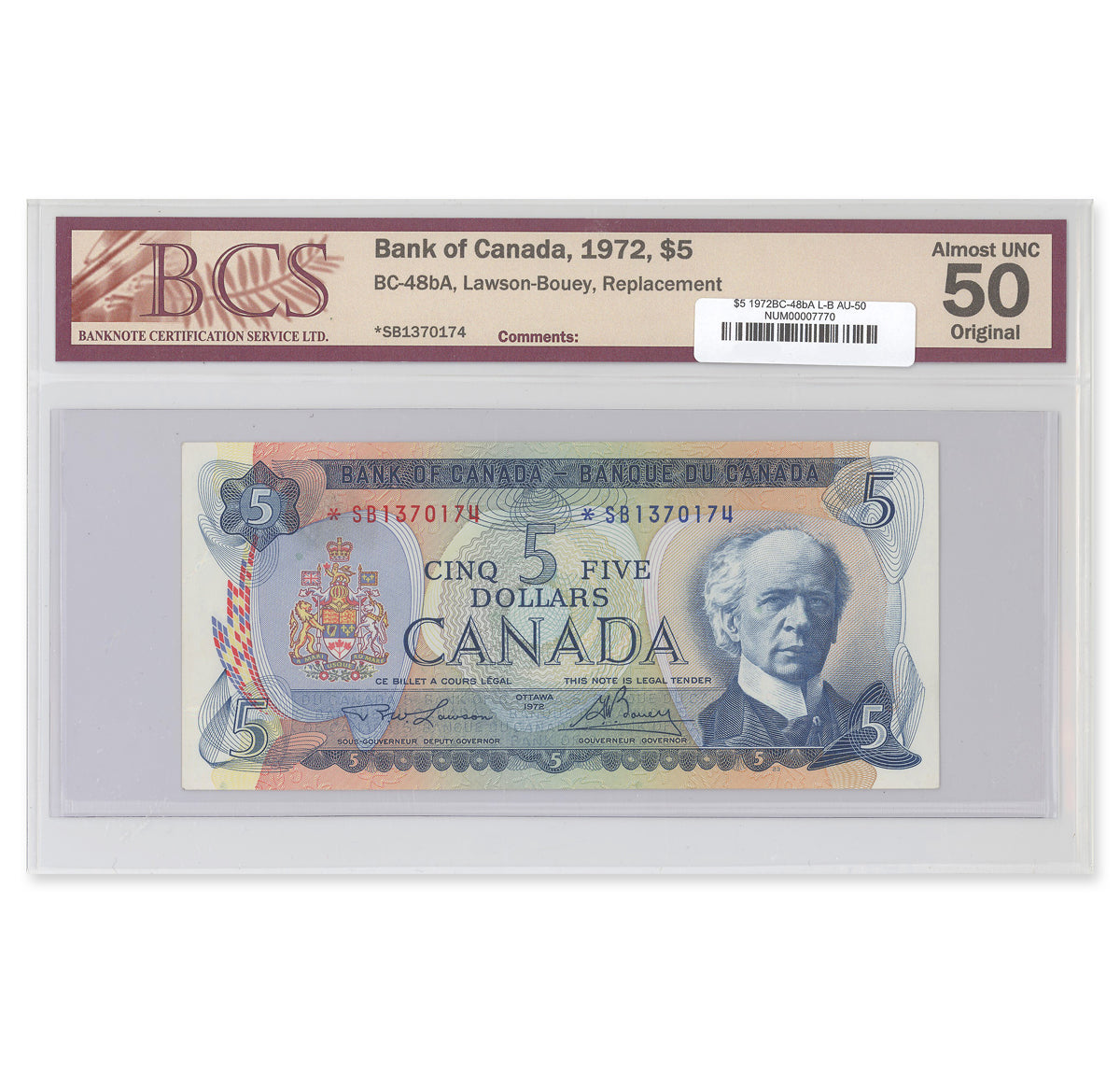 $5 1972 BC-48bA Lawson-Bouey Prefix *SB BCS AU-50