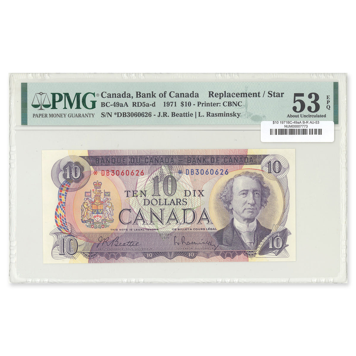 $10 1971 BC-49aA Beattie-Rasminsky Prefix *DB PMG AU-53