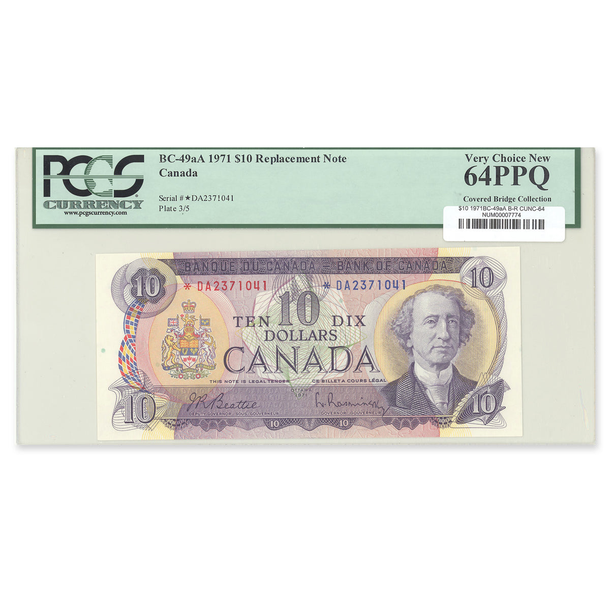 $10 1971 BC-49aA Beattie-Rasminsky Prefix *DA PCGS CUNC-64