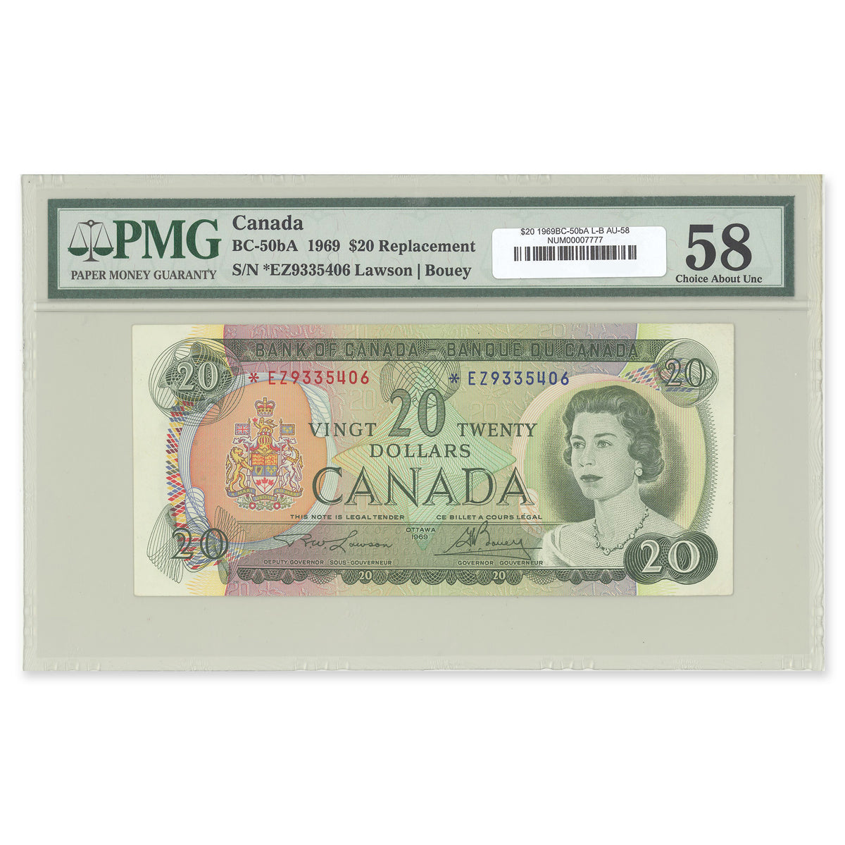 $20 1969 BC-50bA Lawson-Bouey Prefix *EZ PMG AU-58