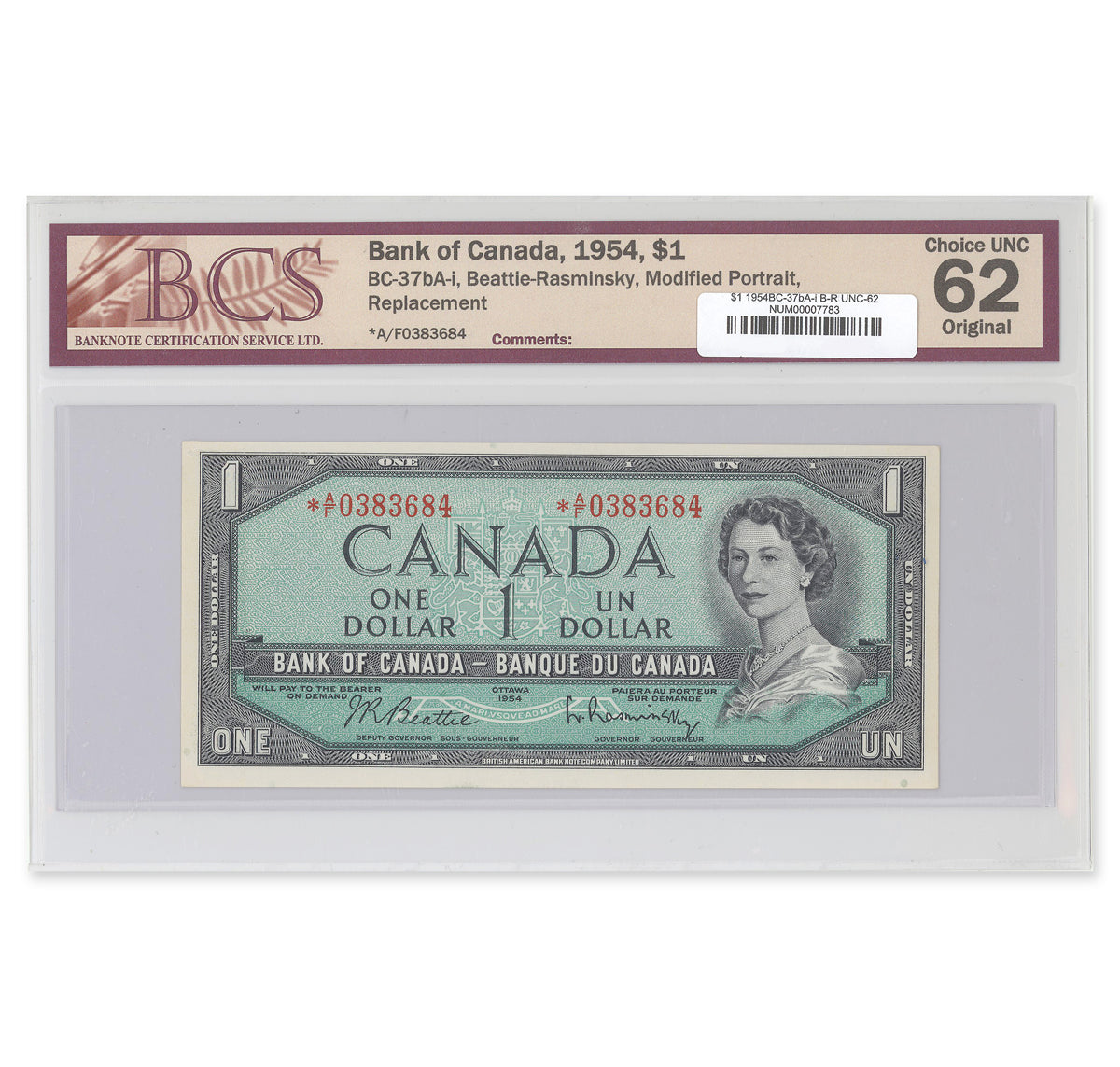 $1 1954 Modified Series BC-37bA-i Beattie-Rasminsky Prefix *A/F BCS UNC-62