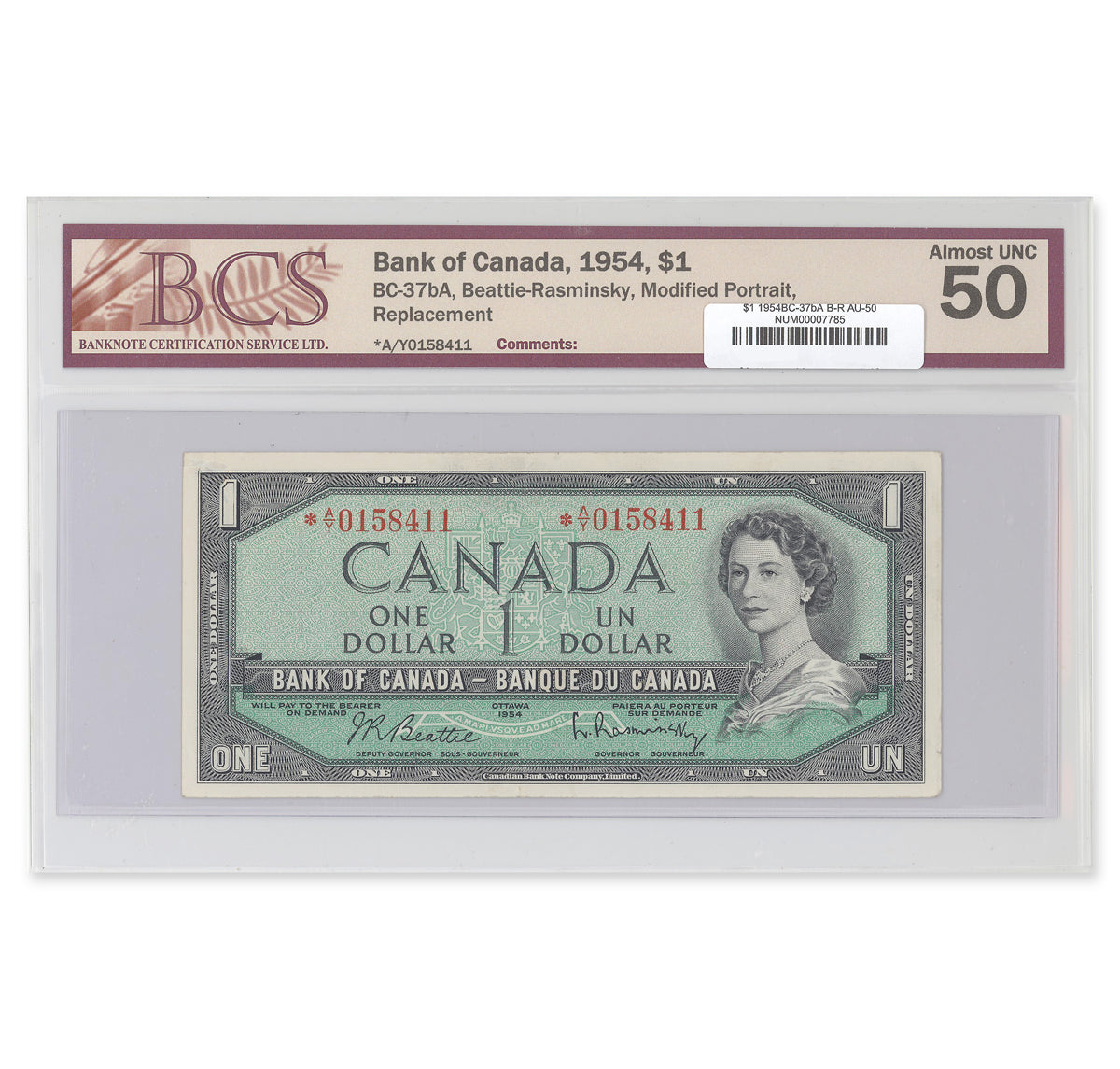 $1 1954 Modified Series BC-37bA Beattie-Rasminsky Prefix *A/Y BCS AU-50
