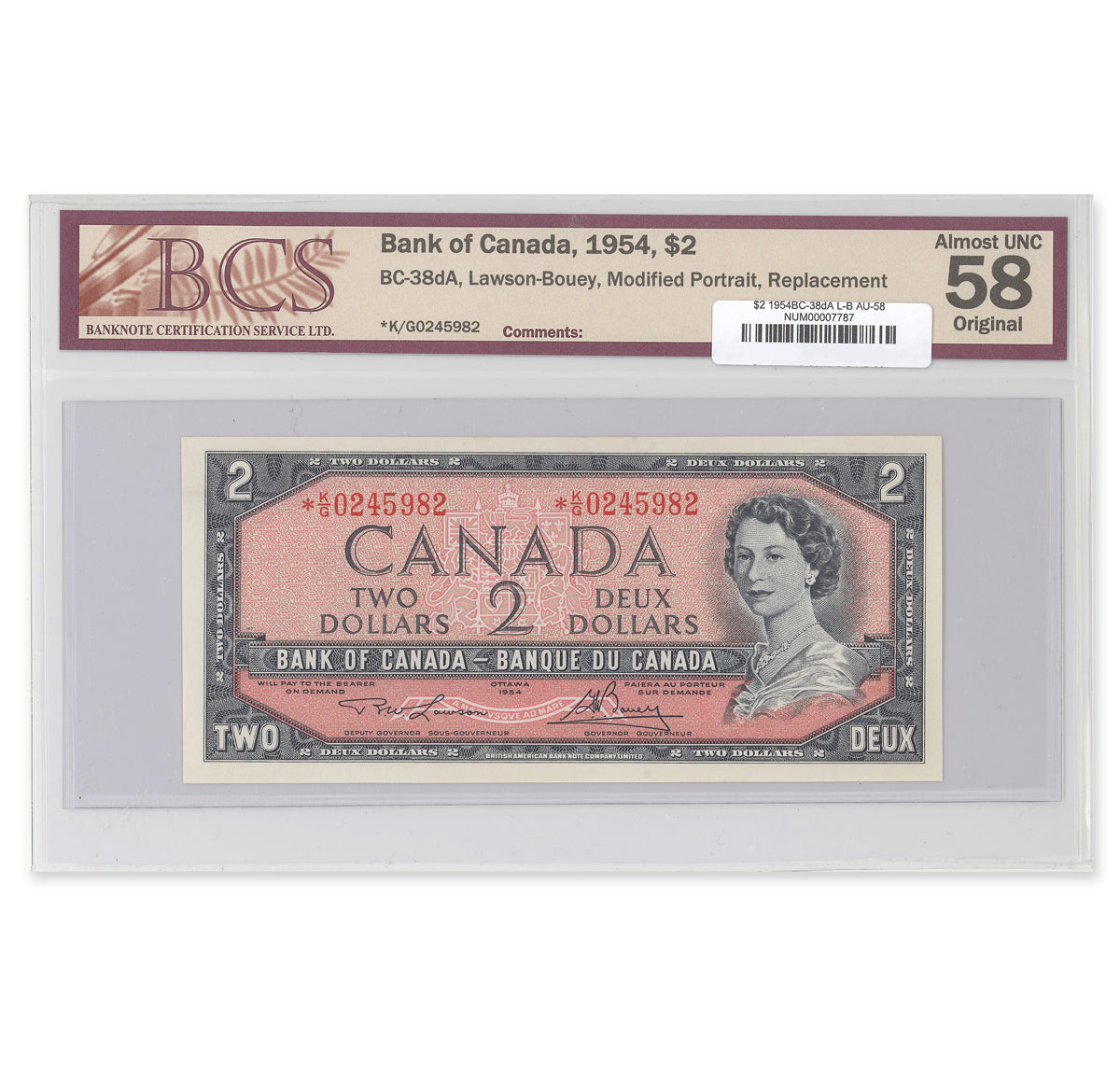 $2 1954 Modified Series BC-38dA Lawson-Bouey Prefix *K/G BCS AU-58