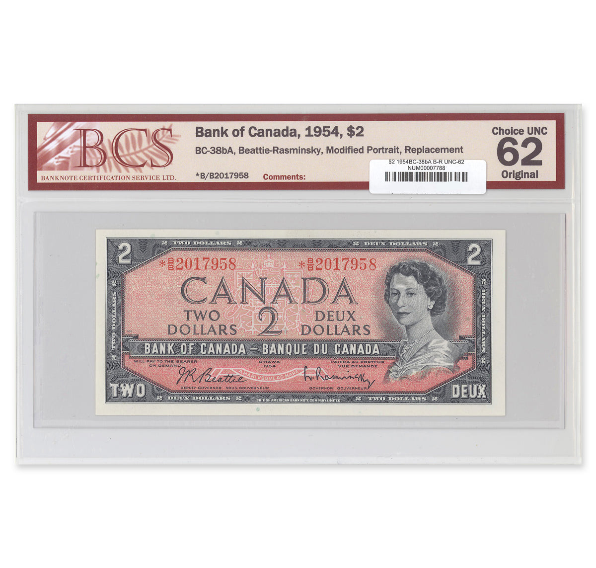 $2 1954 Modified Series BC-38bA Beattie-Rasminsky Prefix *B/B BCS UNC-62