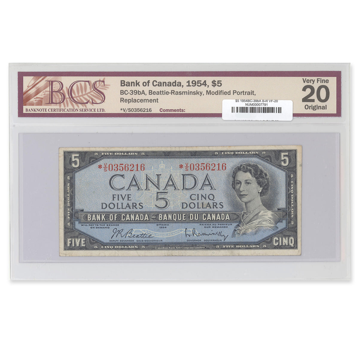 $5 1954 Modified Series BC-39bA Beattie-Rasminsky Prefix *V/S BCS VF-20