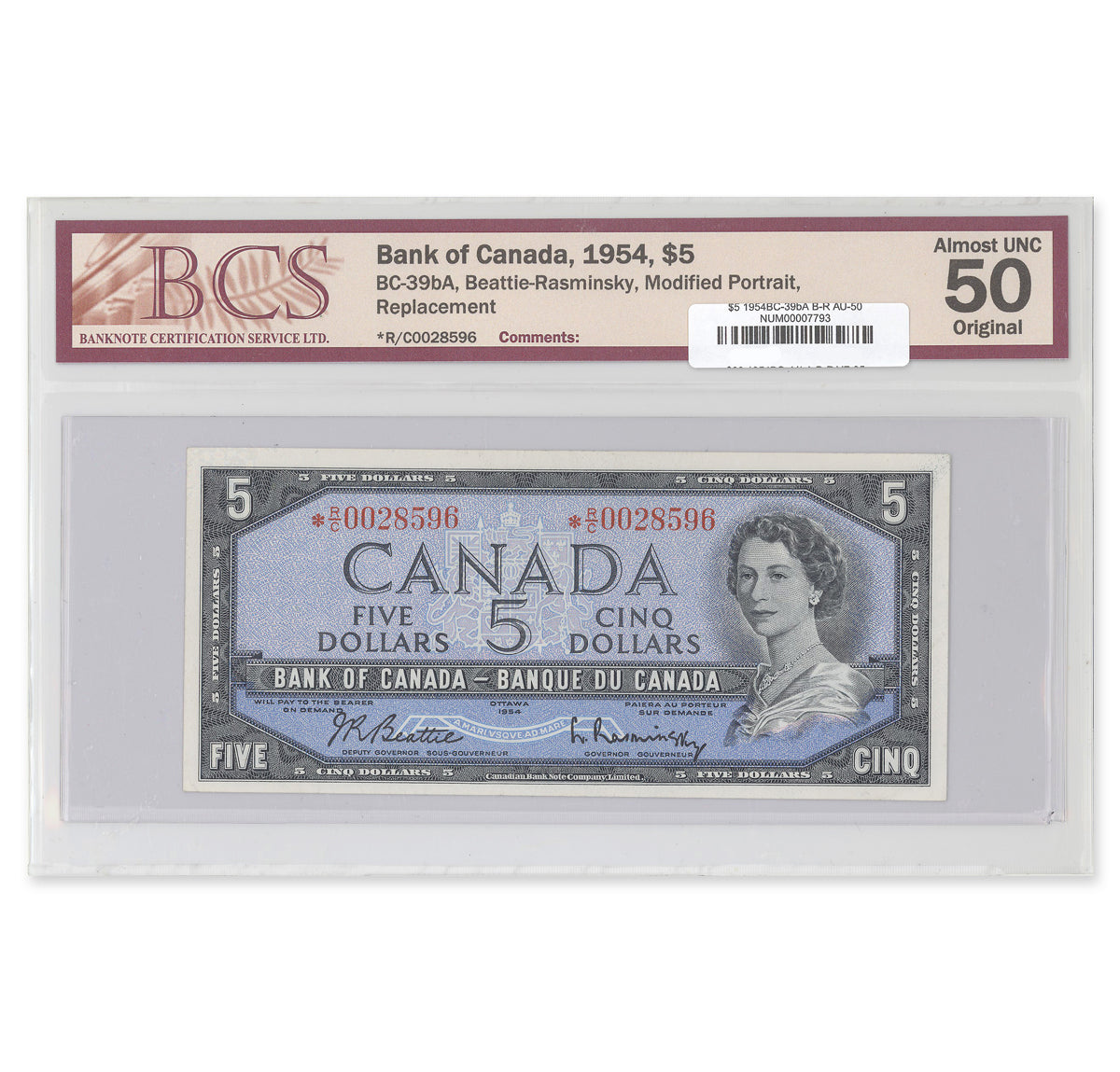 $5 1954 Modified Series BC-39bA Beattie-Rasminsky Prefix *R/C BCS AU-50
