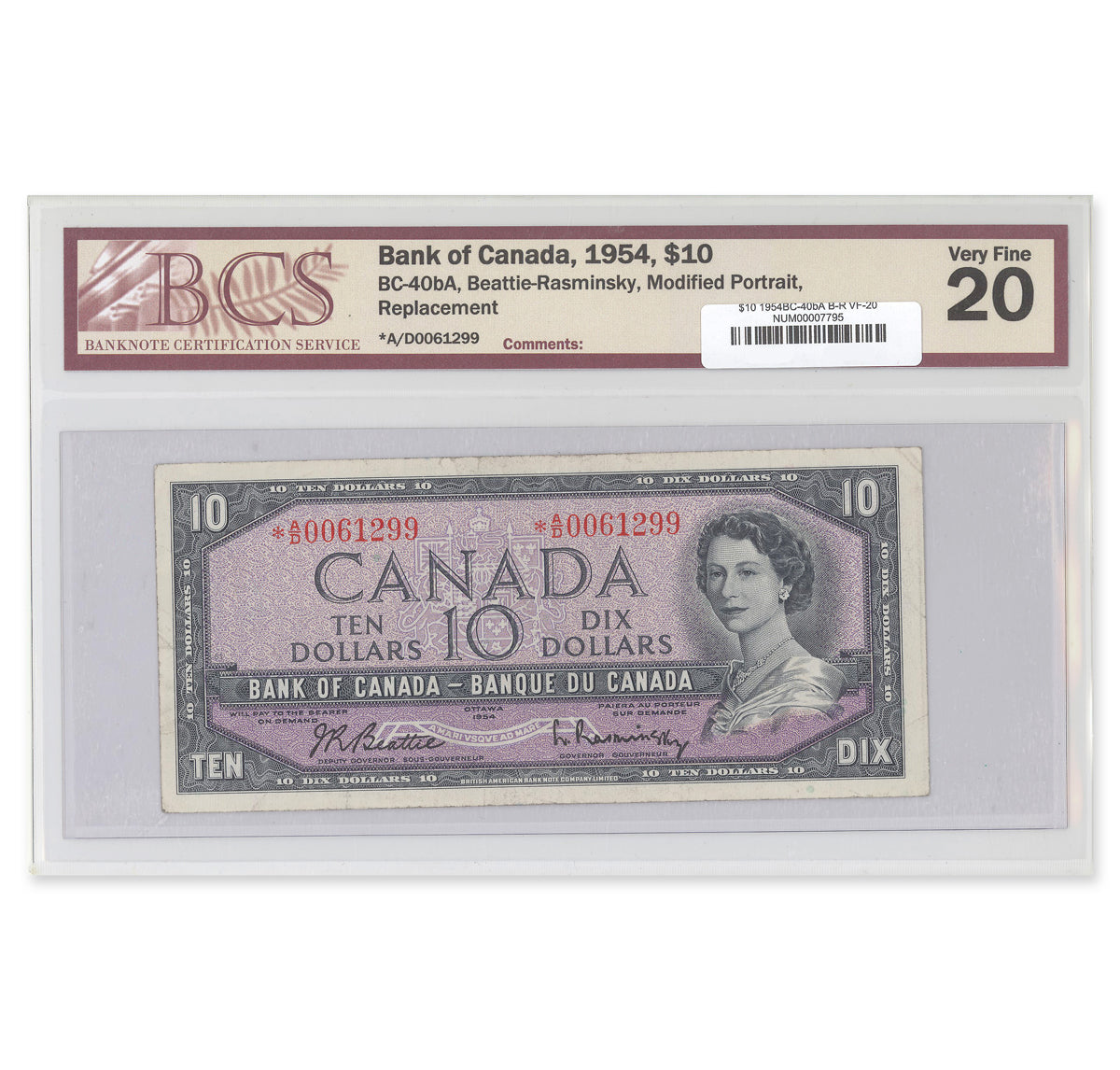 $10 1954 Modified Series BC-40bA Beattie-Rasminsky Prefix *A/D BCS VF-20