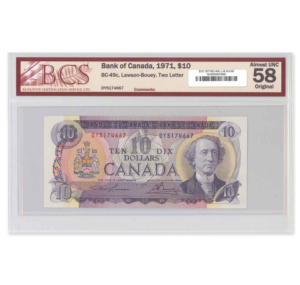 $10 1971 BC-49c Lawson-Bouey Prefix DY BCS AU-58