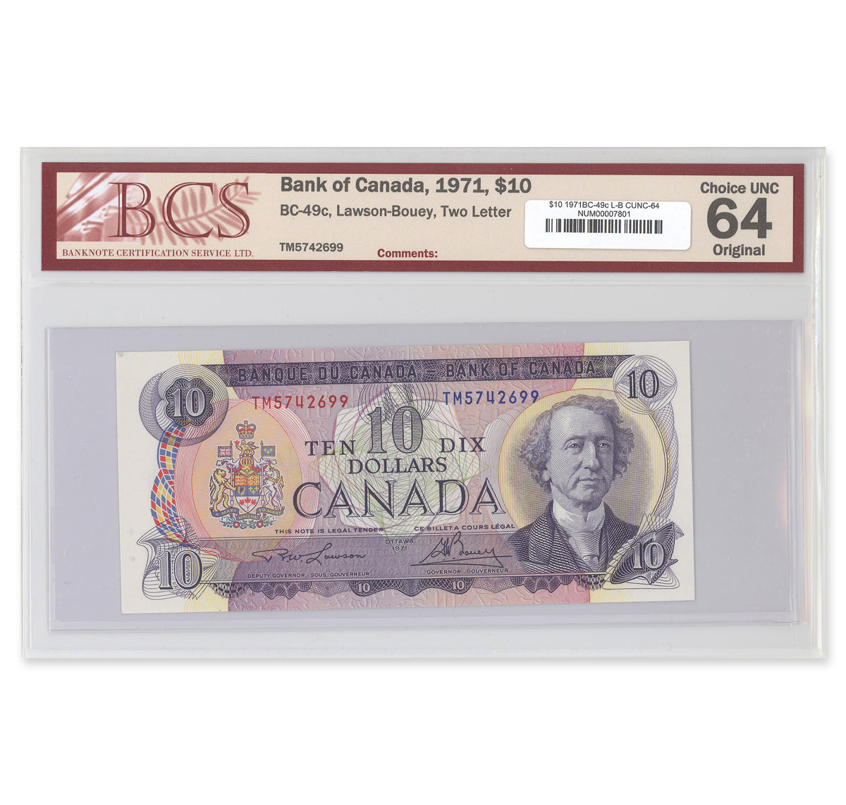 $10 1971 BC-49c Lawson-Bouey Prefix TM BCS CUNC-64