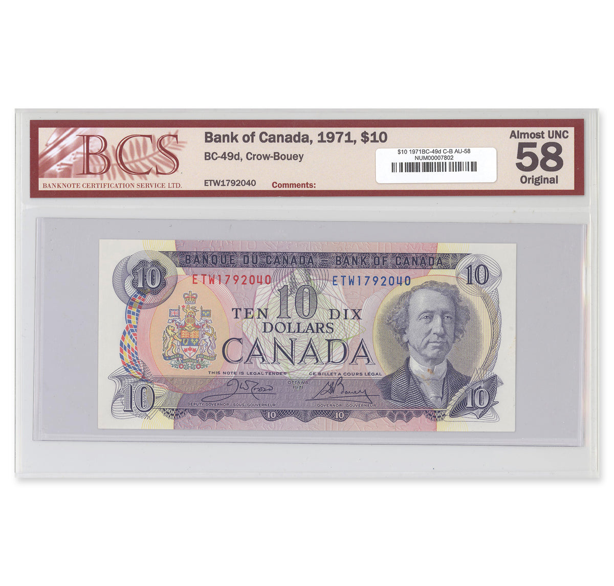 $10 1971 BC-49d Crow-Bouey Prefix ETW BCS AU-58