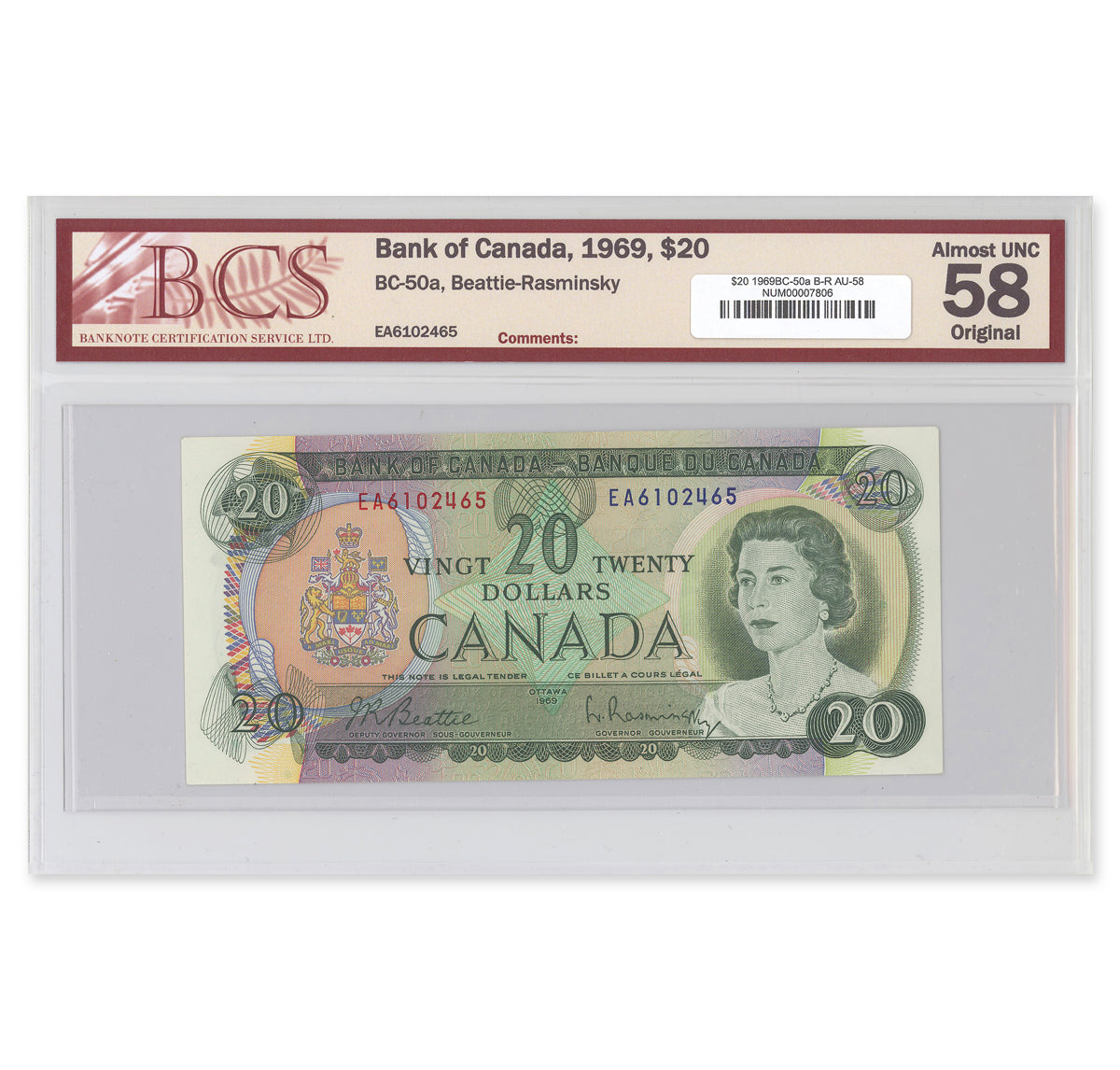 $20 1969 BC-50a Beattie-Rasminsky Prefix EA BCS AU-58