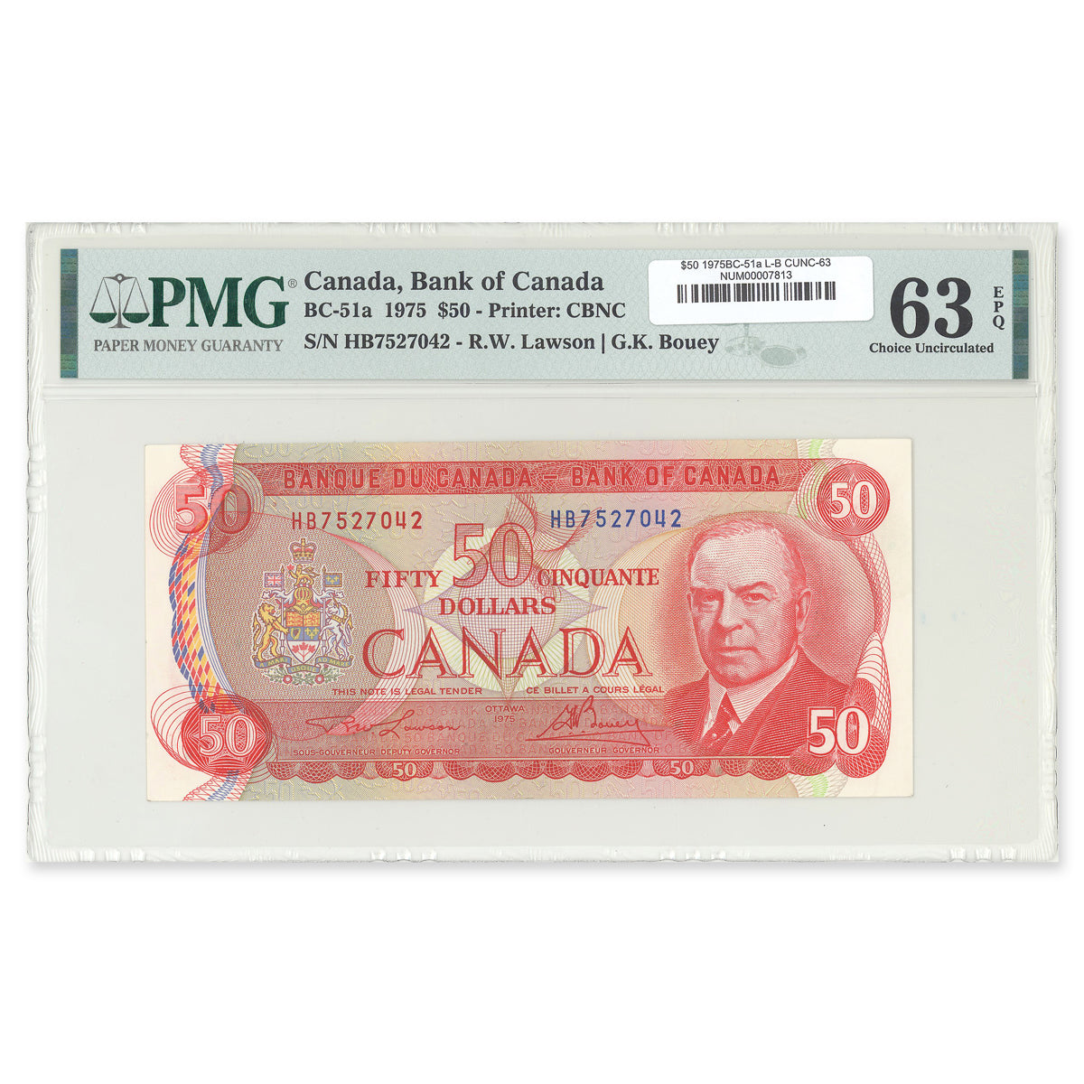 $50 1975 BC-51a Lawson-Bouey Prefix HB PMG CUNC-63
