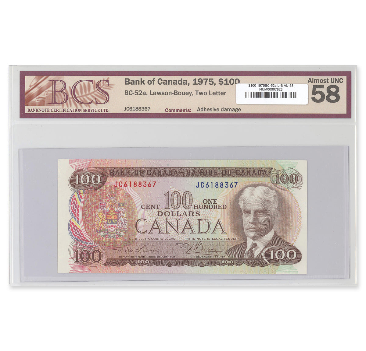 $100 1975 BC-52a Lawson-Bouey Prefix JC BCS AU-58