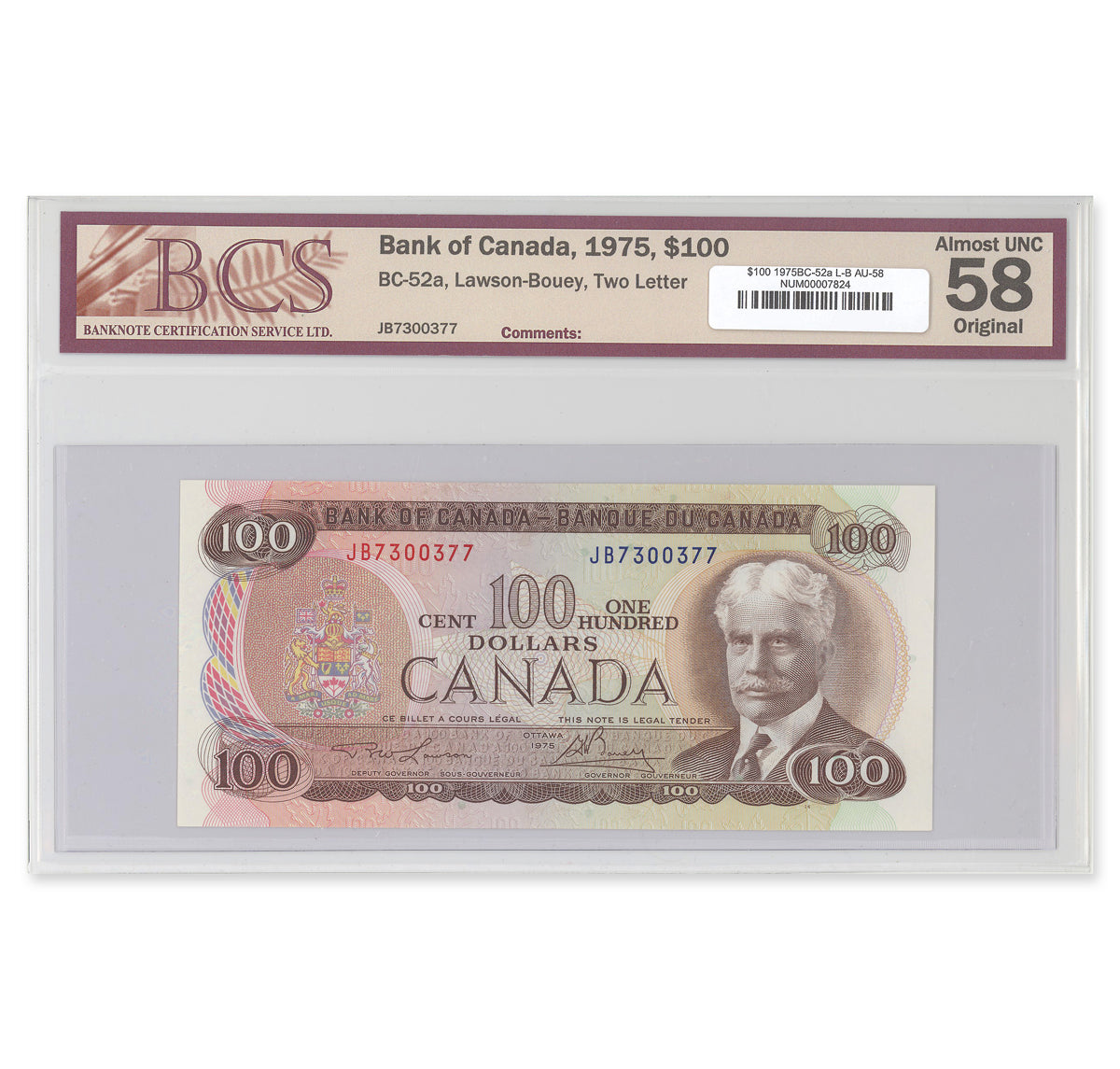 $100 1975 BC-52a Lawson-Bouey Prefix JB BCS AU-58