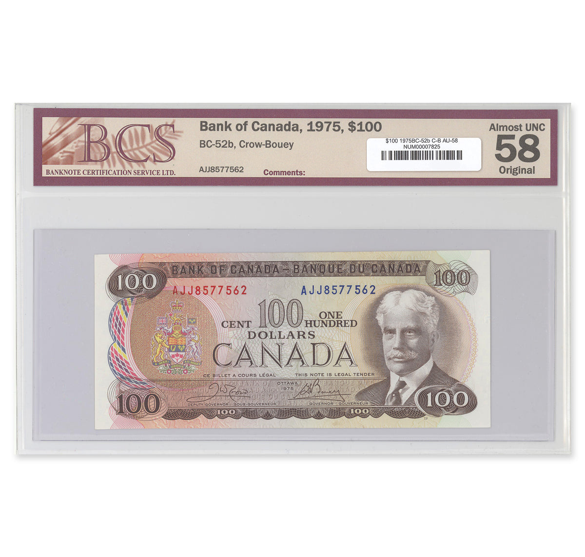 $100 1975 BC-52b Crow-Bouey Prefix AJJ BCS AU-58