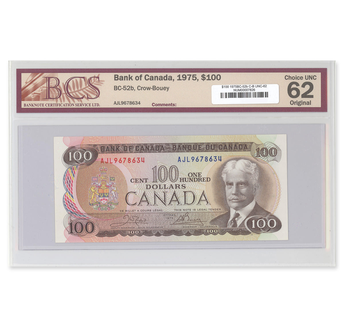 $100 1975 BC-52b Crow-Bouey Prefix AJL BCS UNC-62