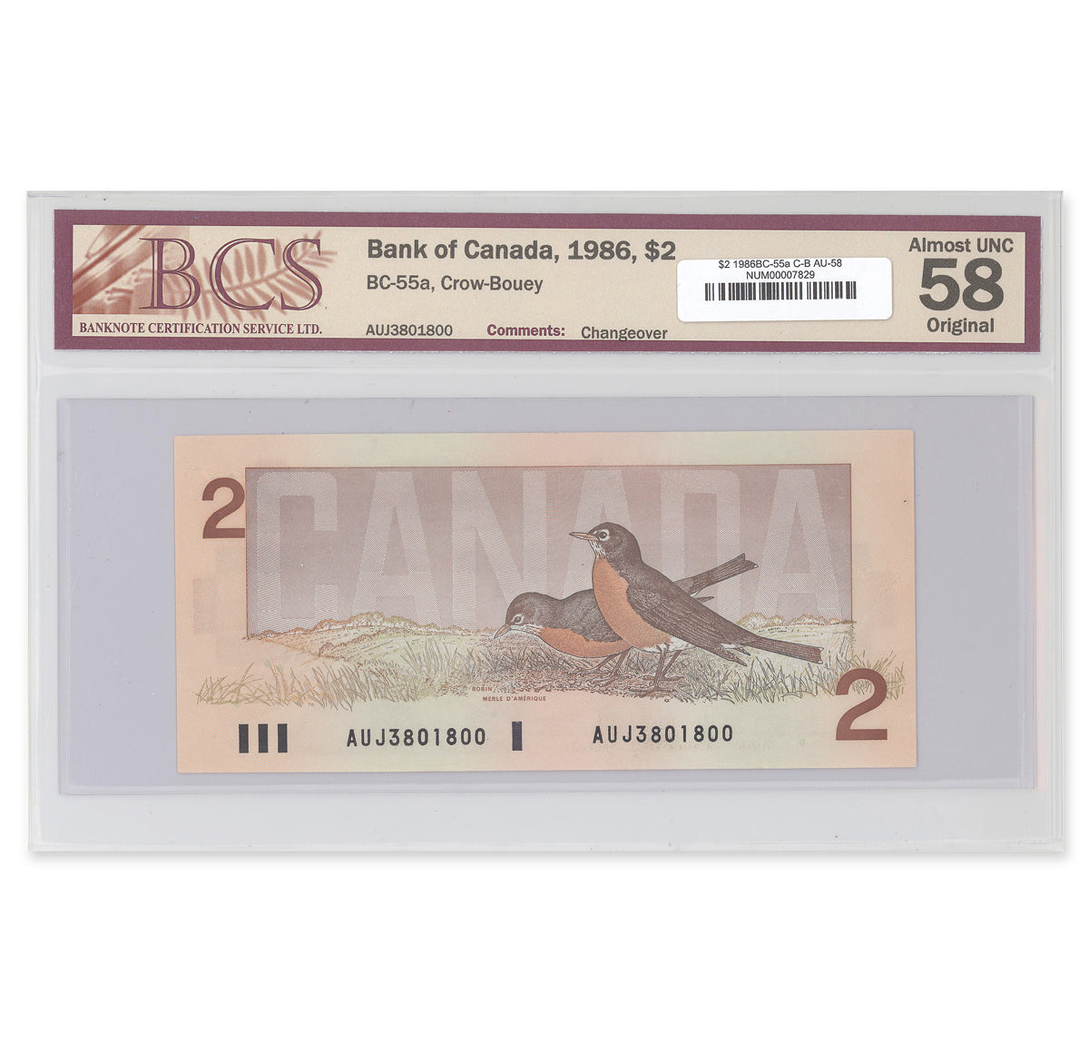 $2 1986 BC-55a Crow-Bouey Prefix AUJ BCS AU-58