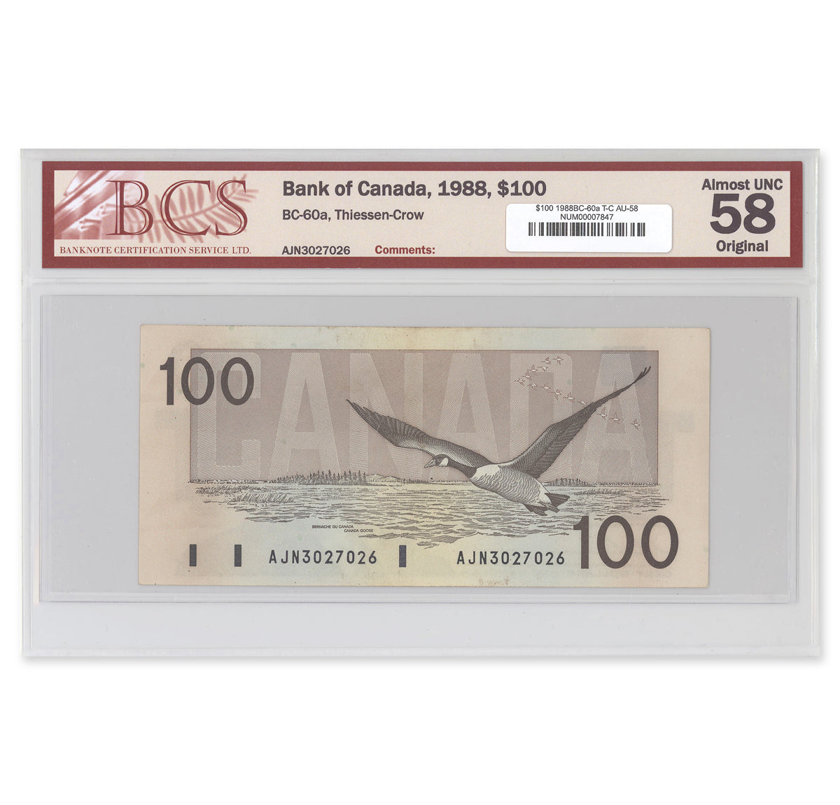 $100 1988 BC-60a Thiessen-Crow Prefix AJN BCS AU-58